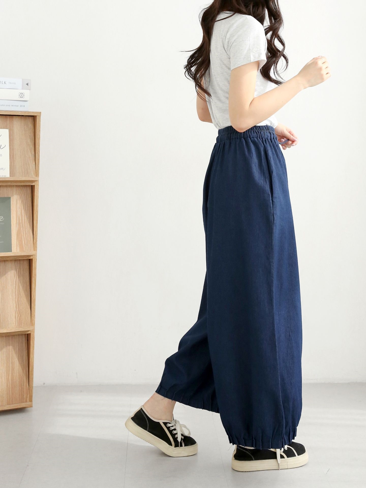 ノンウォッシュデニムドローストリングピンタックポケットウエストゴムワイドライトブルーディープブルーデニムパンツ | 詳細画像14