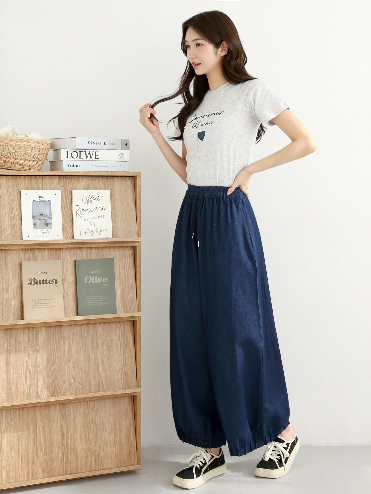 ノンウォッシュデニムドローストリングピンタックポケットウエストゴムワイドライトブルーディープブルーデニムパンツ | 詳細画像15