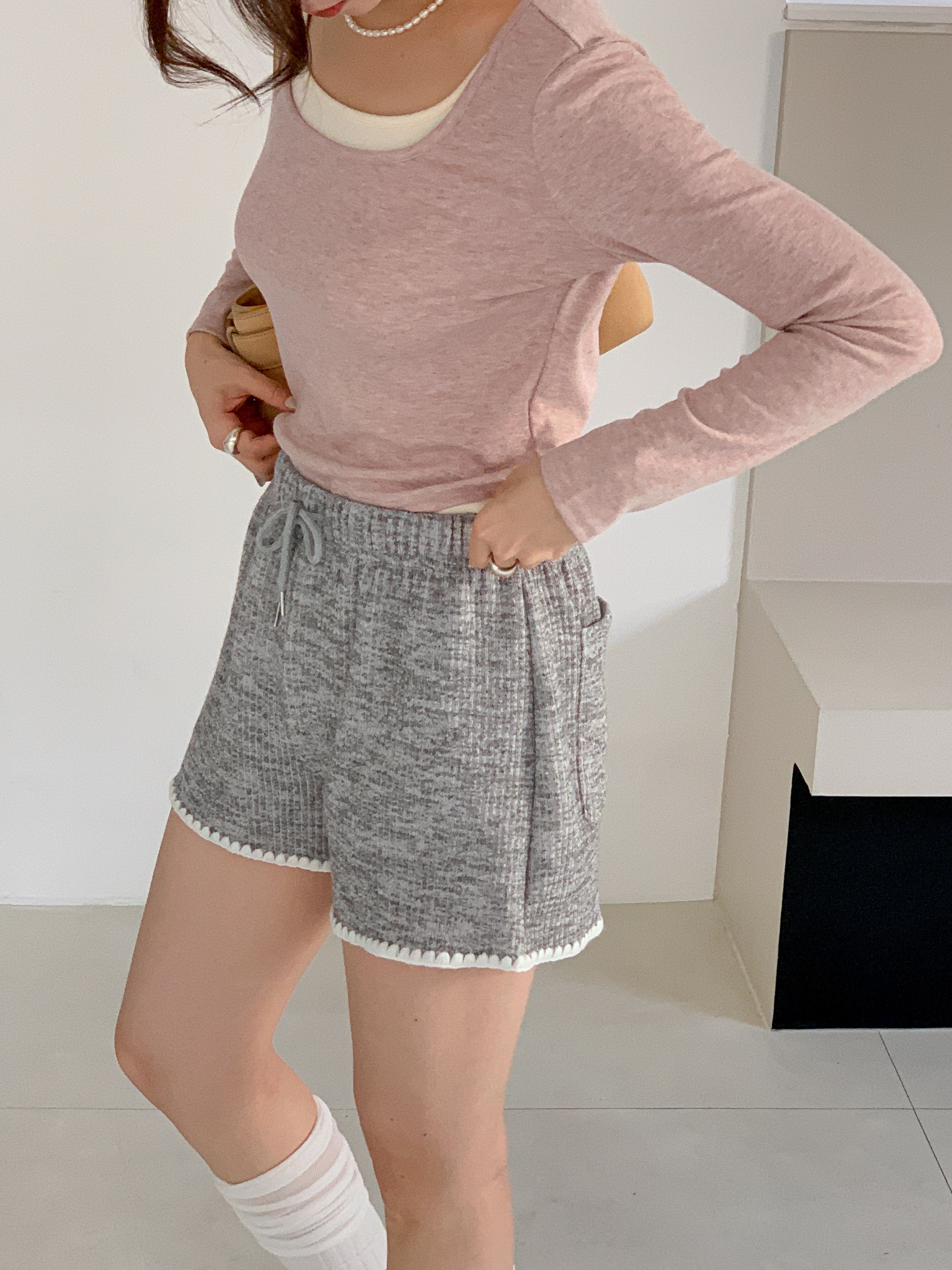 リブドローストリングウエストゴムショートバックポケット配色パンツ | 詳細画像2