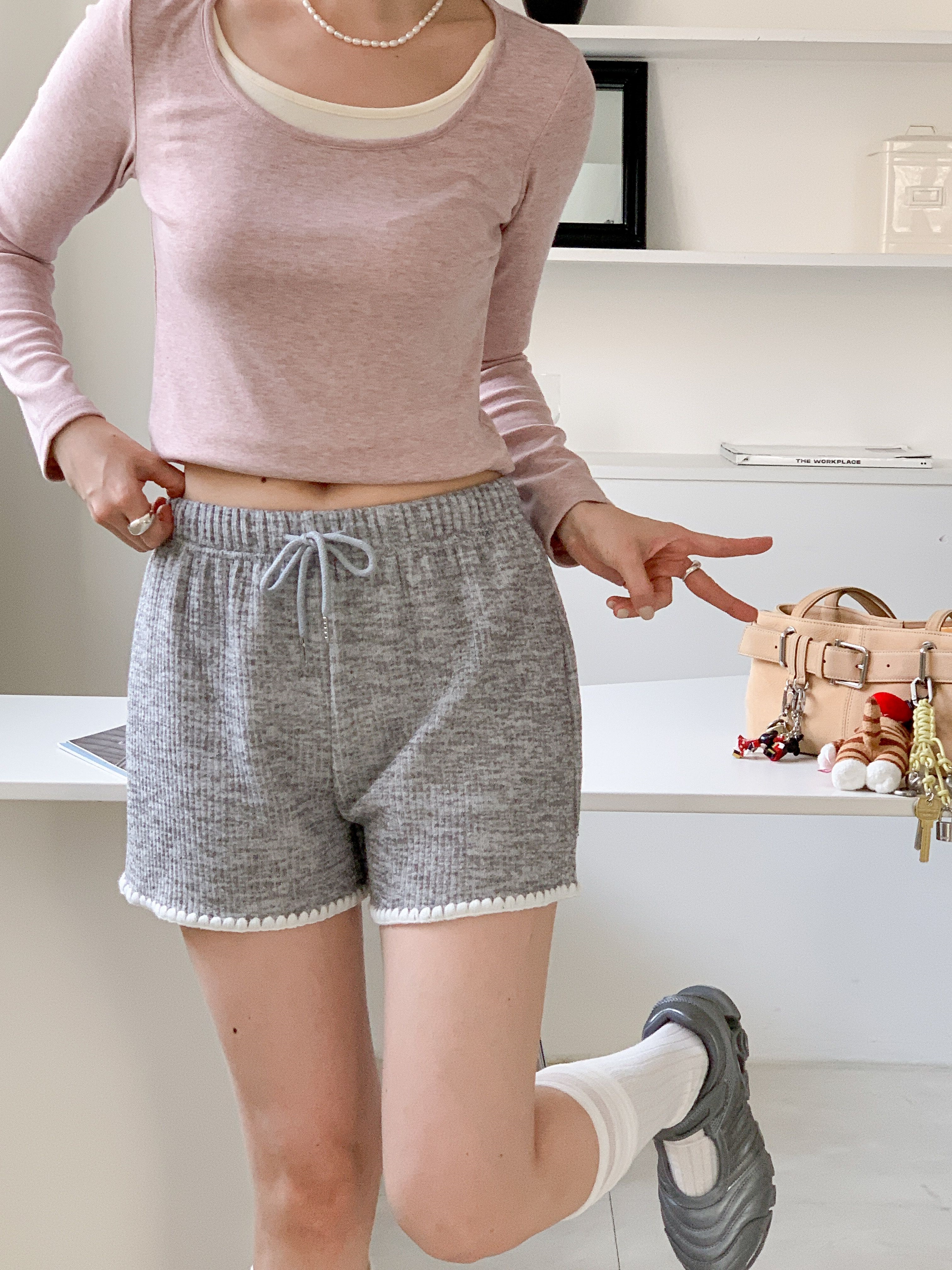 リブドローストリングウエストゴムショートバックポケット配色パンツ | 詳細画像5