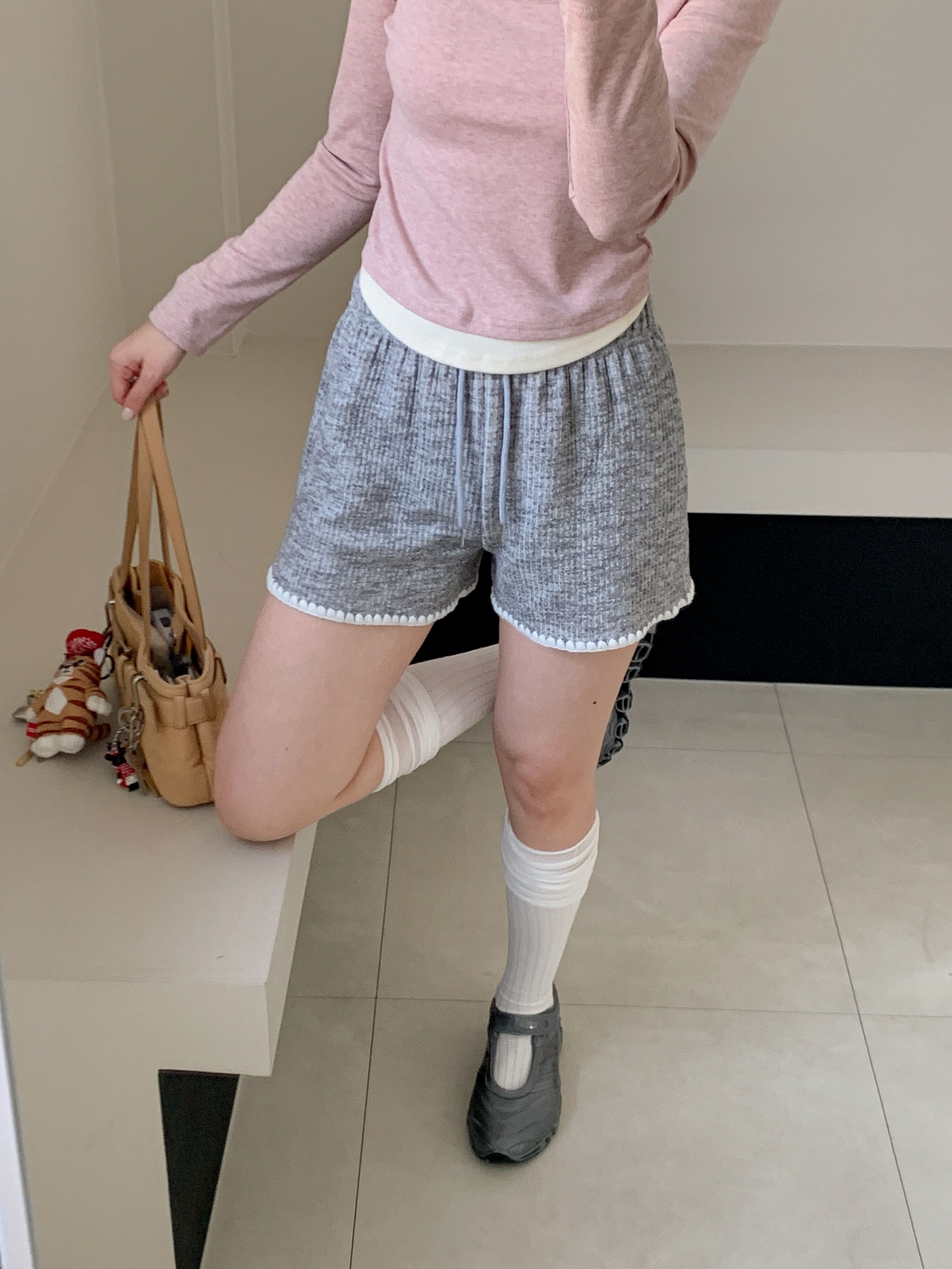 リブドローストリングウエストゴムショートバックポケット配色パンツ | 詳細画像13