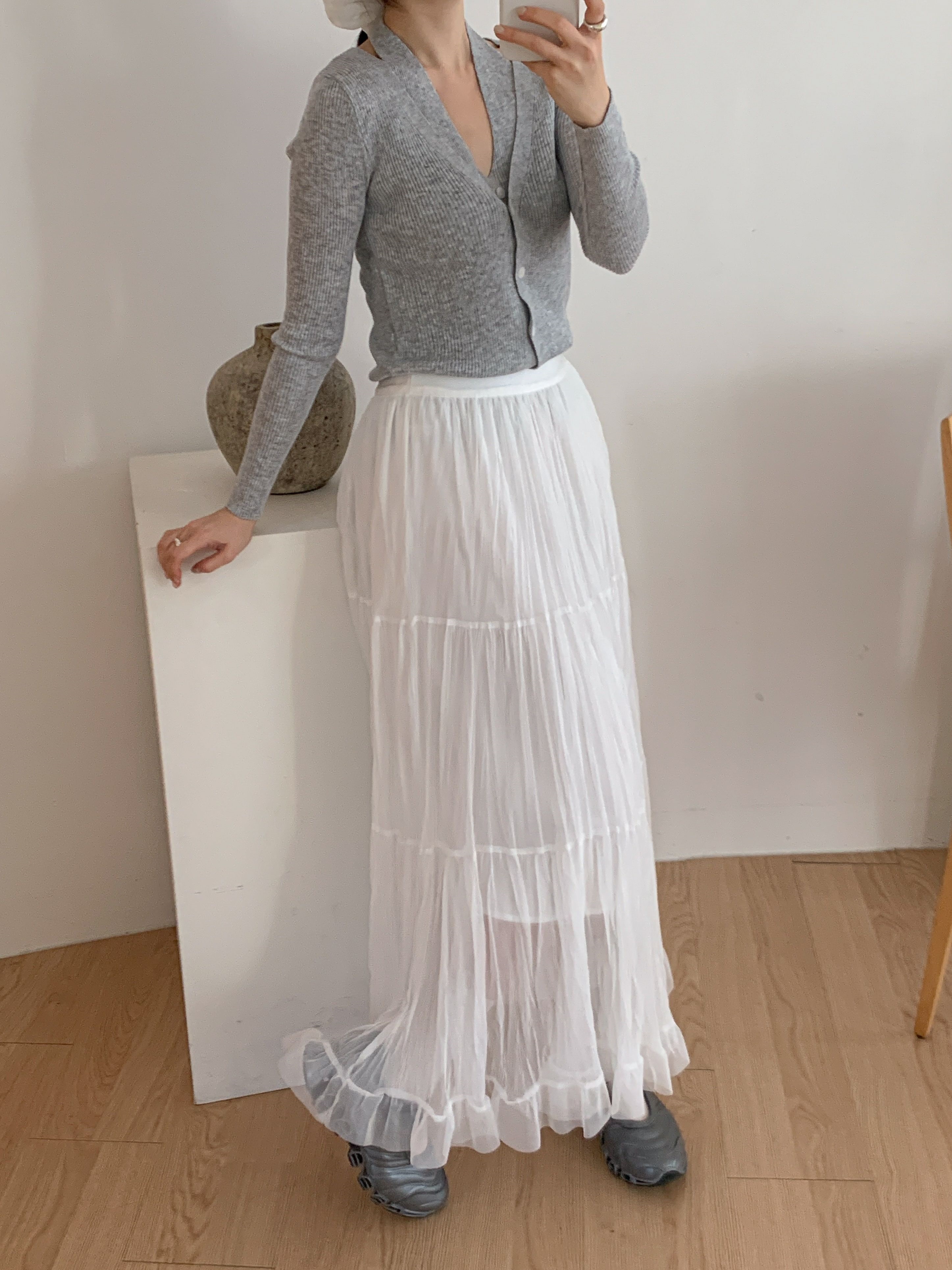 レースフリルリンクルティアードウエストゴムロング無地スカート | 詳細画像2