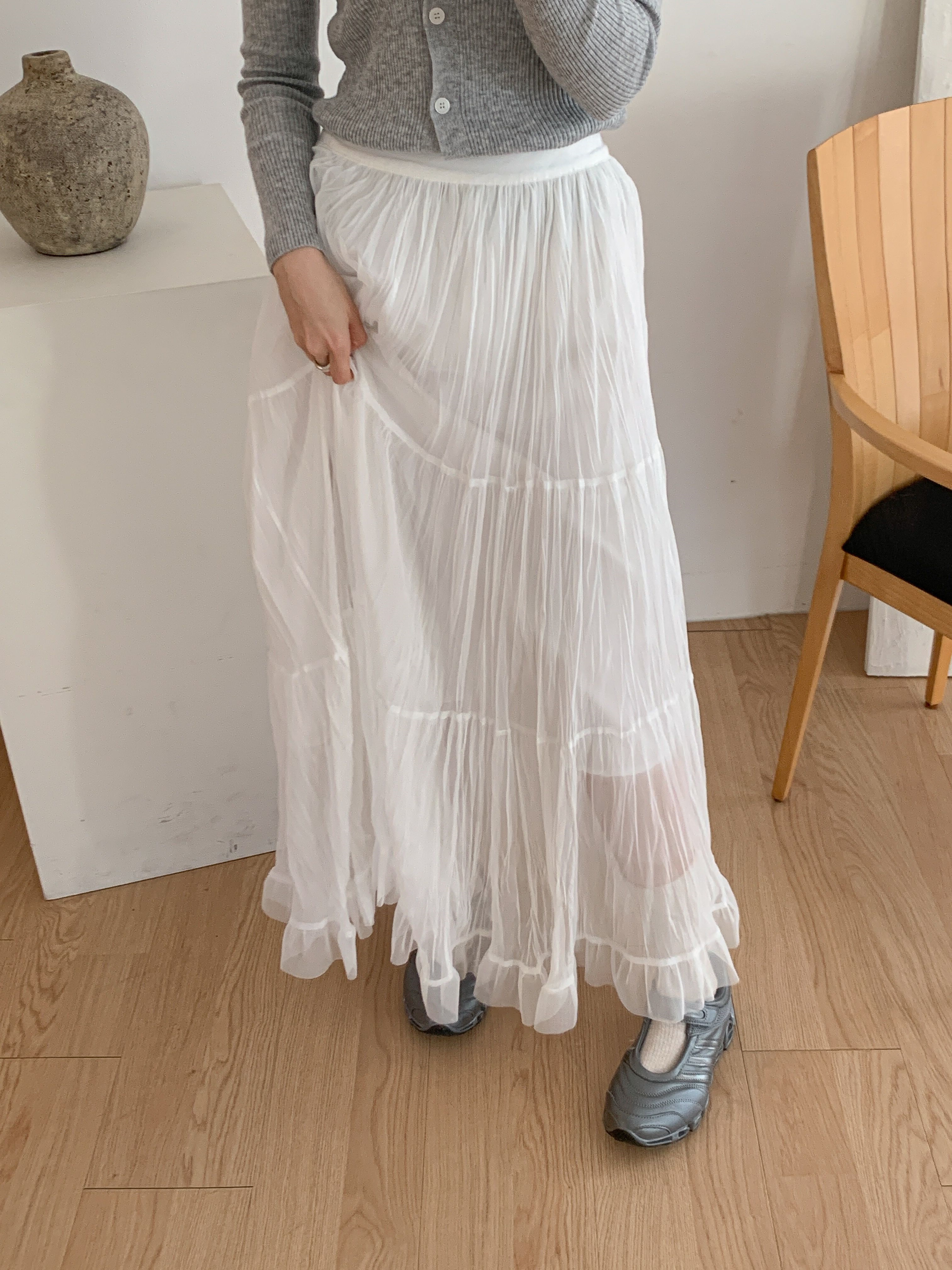 レースフリルリンクルティアードウエストゴムロング無地スカート | 詳細画像3