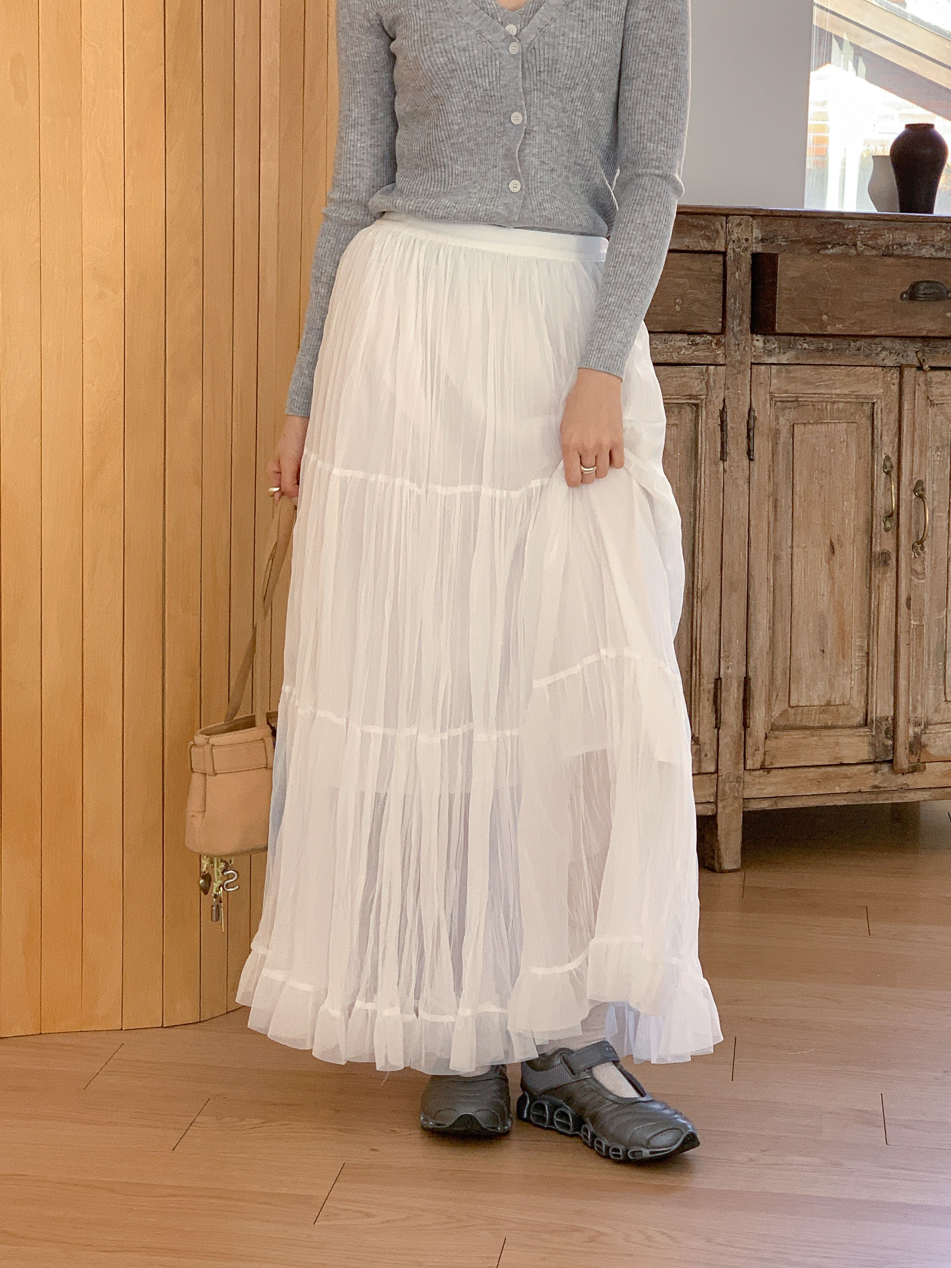 レースフリルリンクルティアードウエストゴムロング無地スカート | 詳細画像4