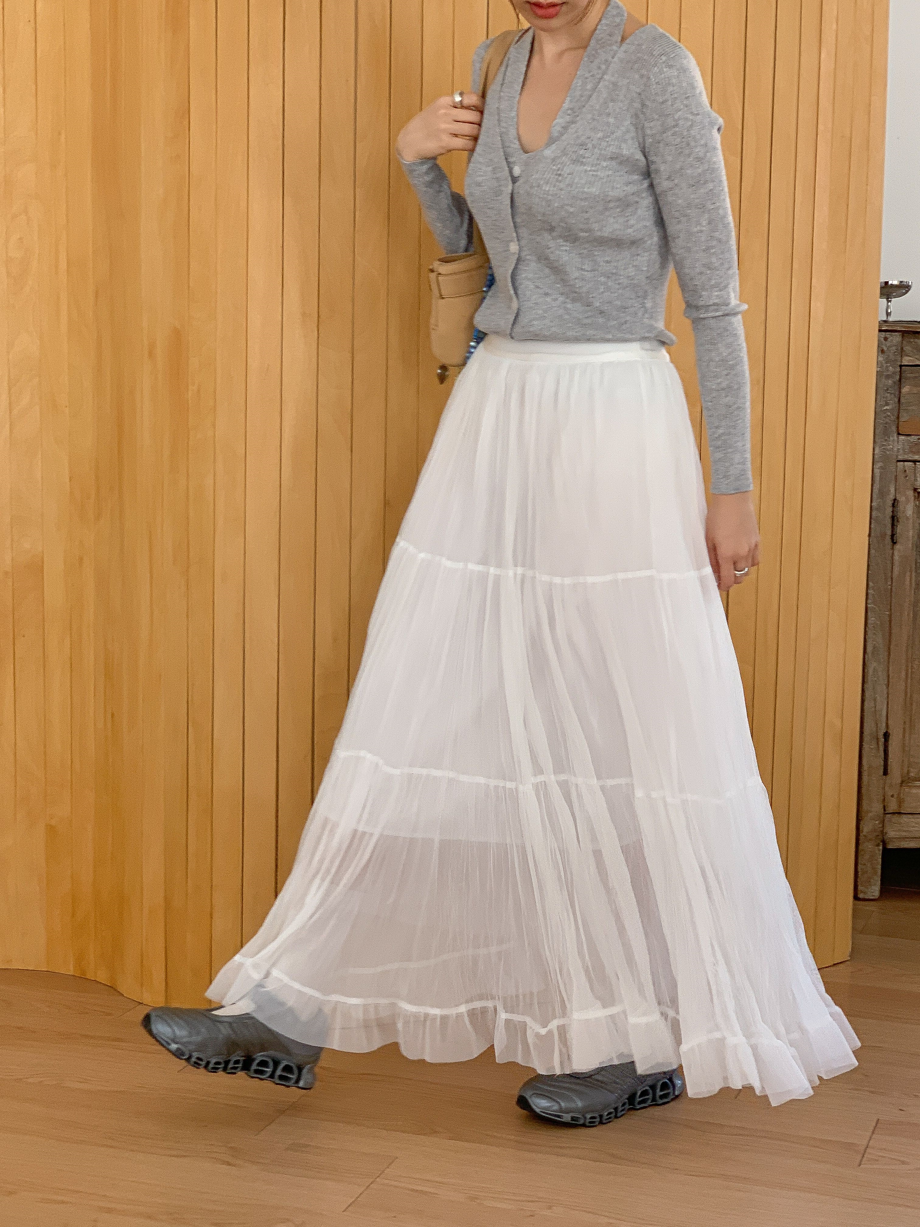 レースフリルリンクルティアードウエストゴムロング無地スカート | 詳細画像7