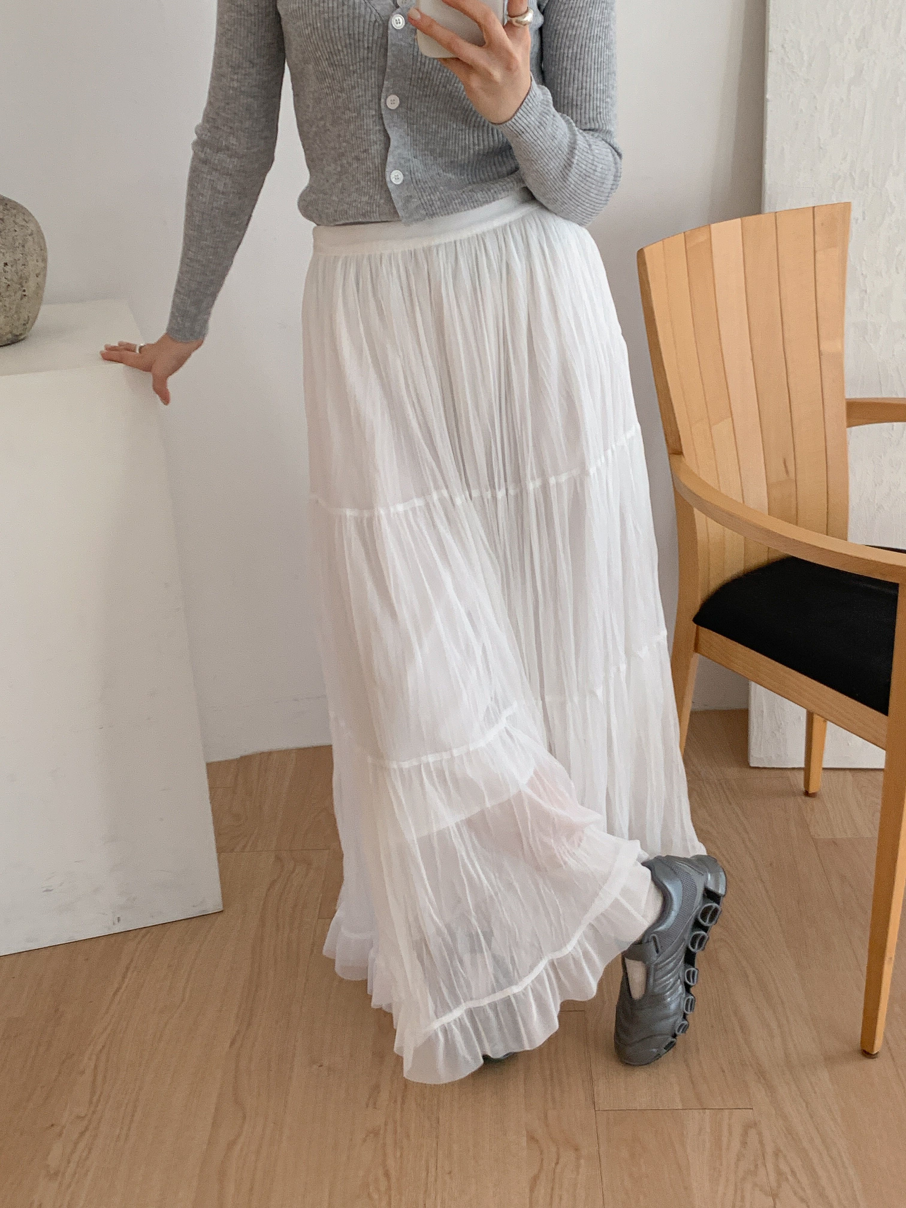 レースフリルリンクルティアードウエストゴムロング無地スカート | 詳細画像8