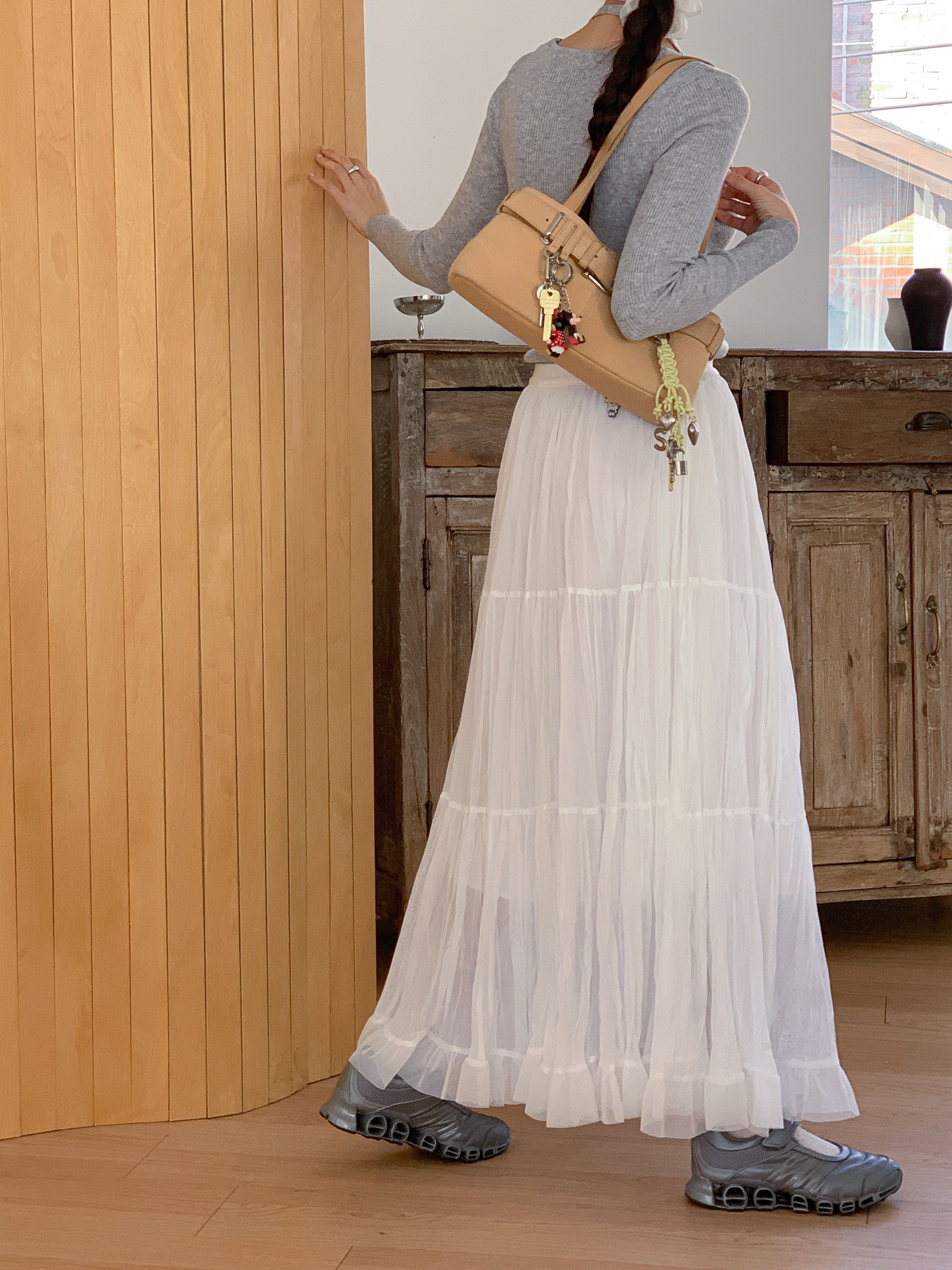 レースフリルリンクルティアードウエストゴムロング無地スカート | 詳細画像10