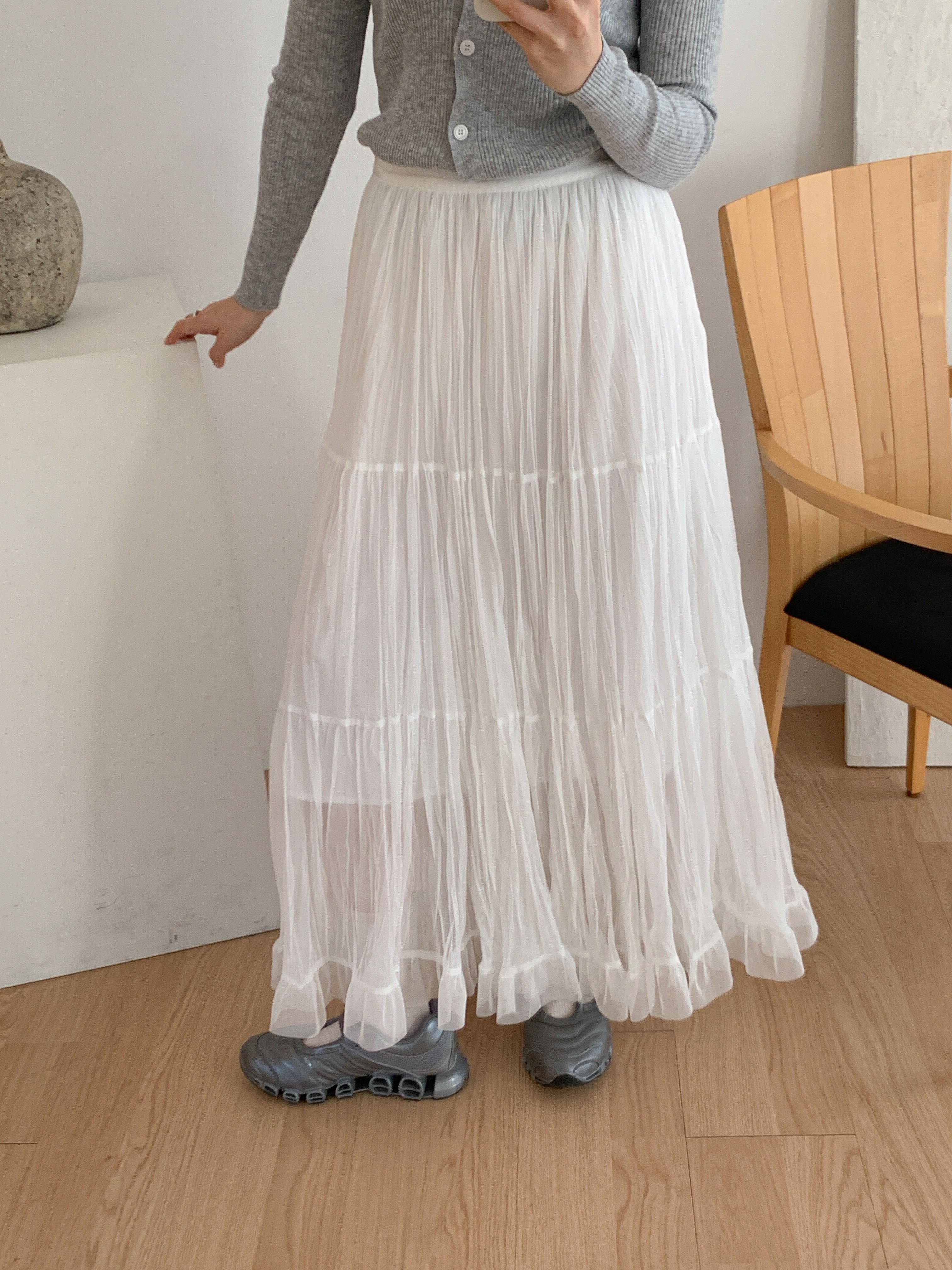 レースフリルリンクルティアードウエストゴムロング無地スカート | 詳細画像12