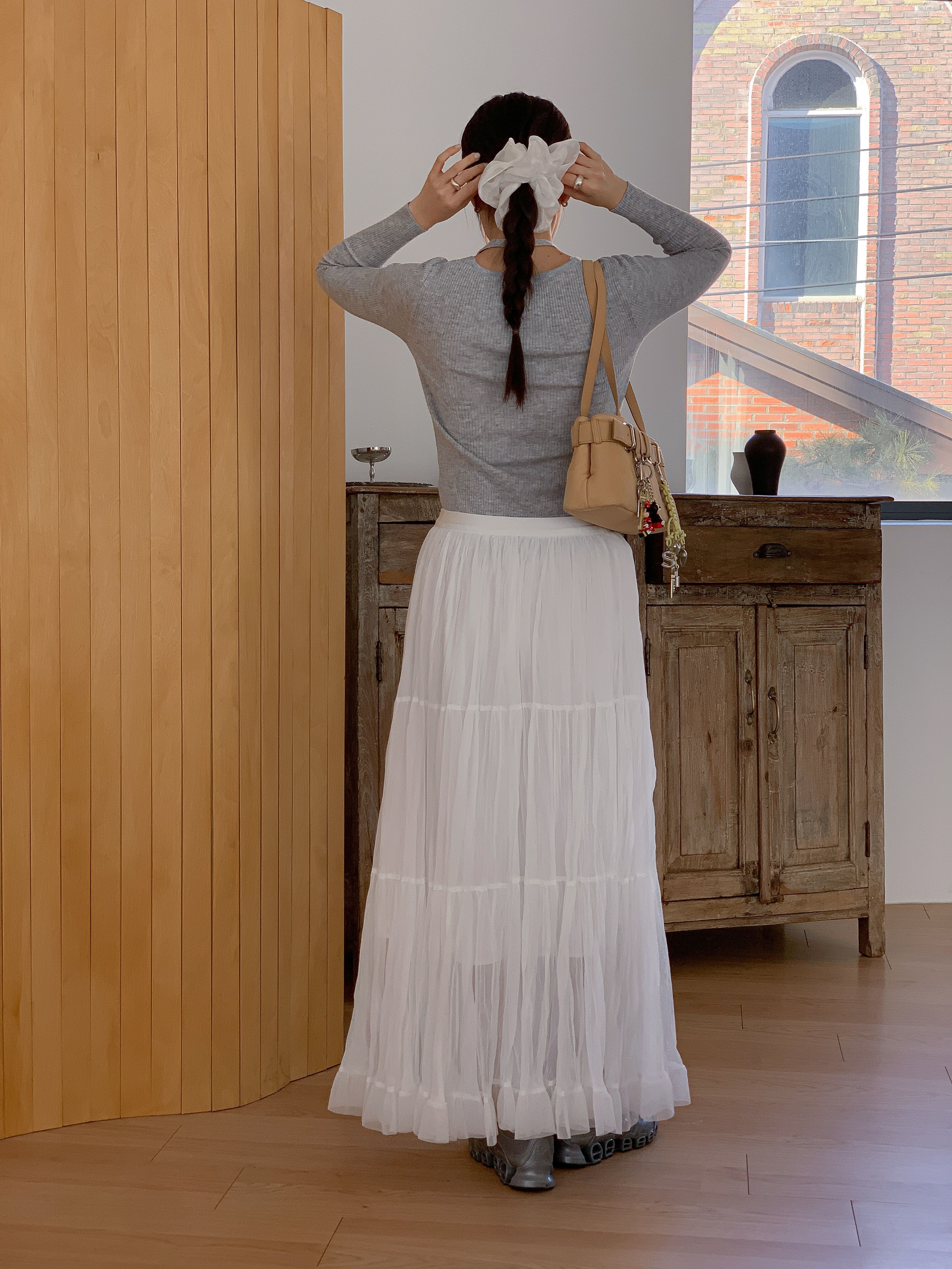 レースフリルリンクルティアードウエストゴムロング無地スカート | 詳細画像13