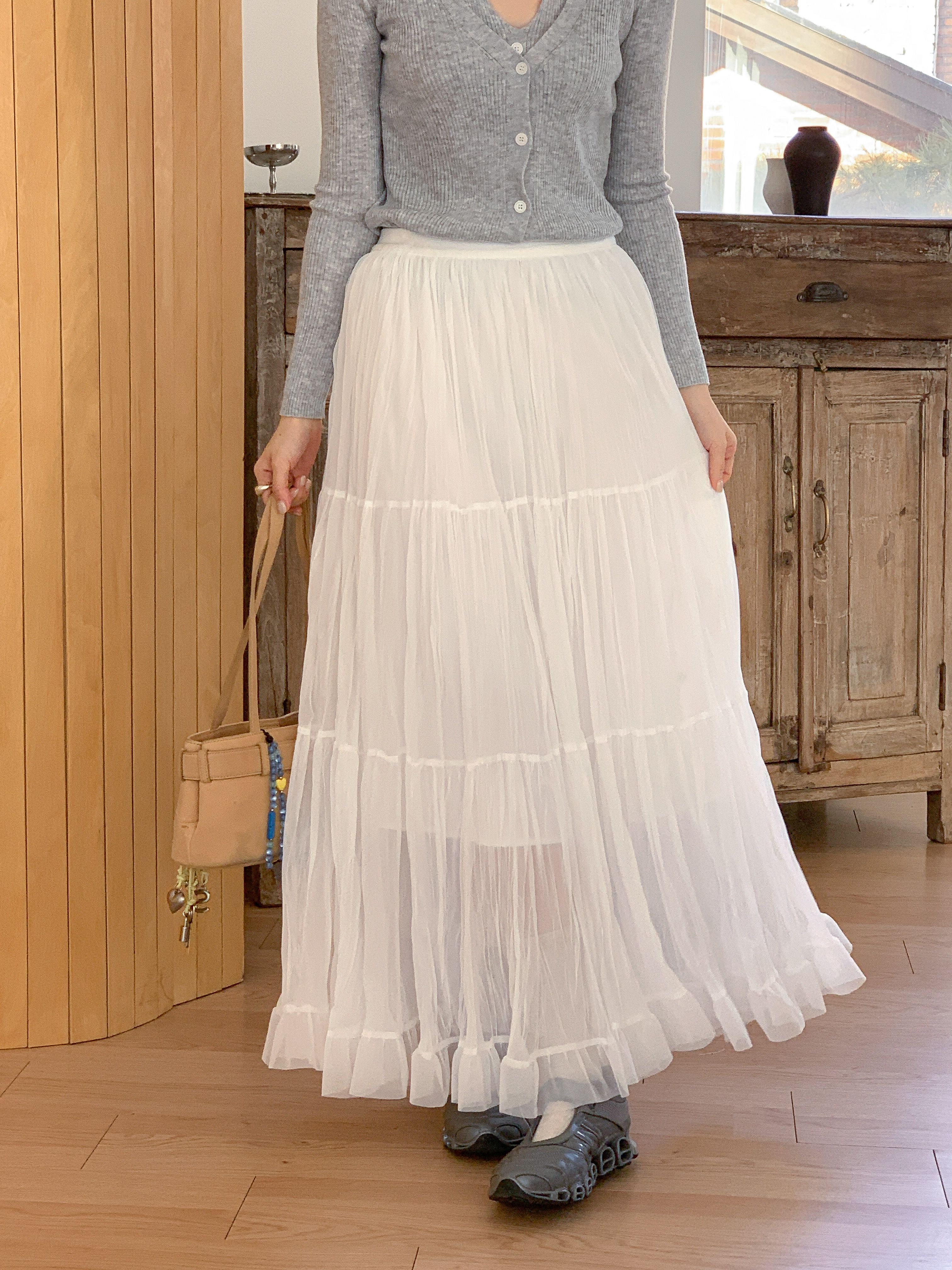 レースフリルリンクルティアードウエストゴムロング無地スカート | 詳細画像14