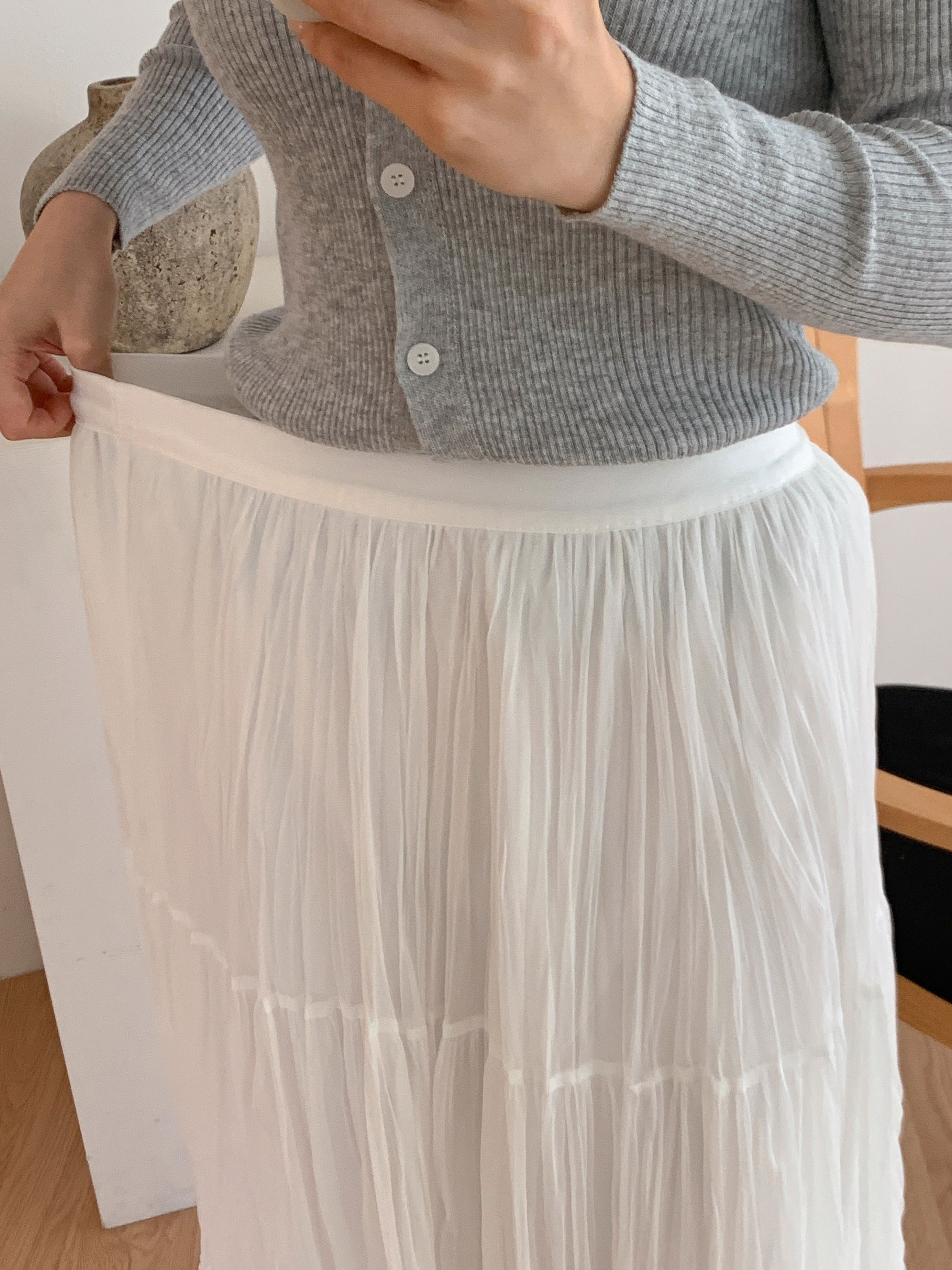 レースフリルリンクルティアードウエストゴムロング無地スカート | 詳細画像15