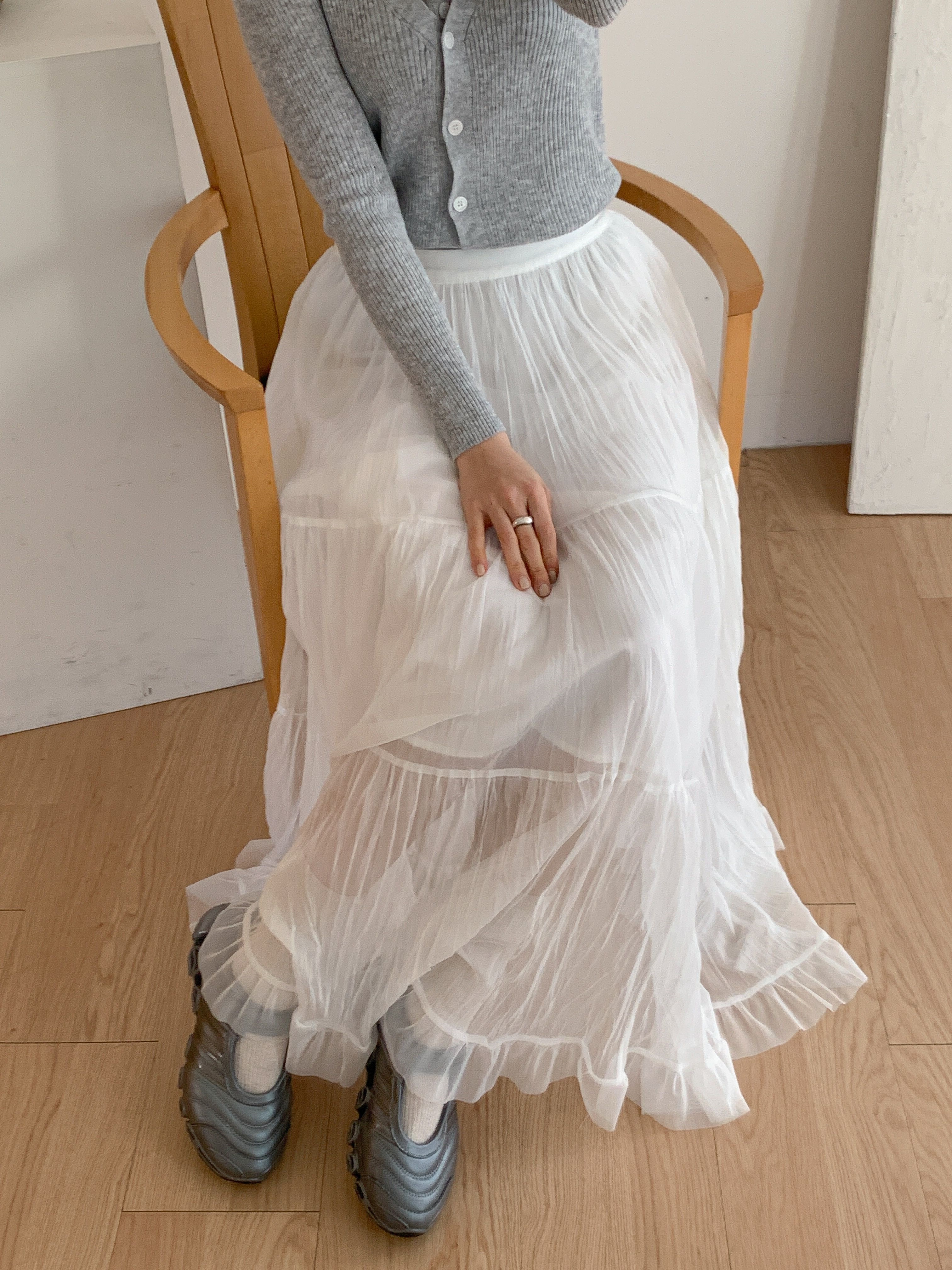 レースフリルリンクルティアードウエストゴムロング無地スカート | 詳細画像16