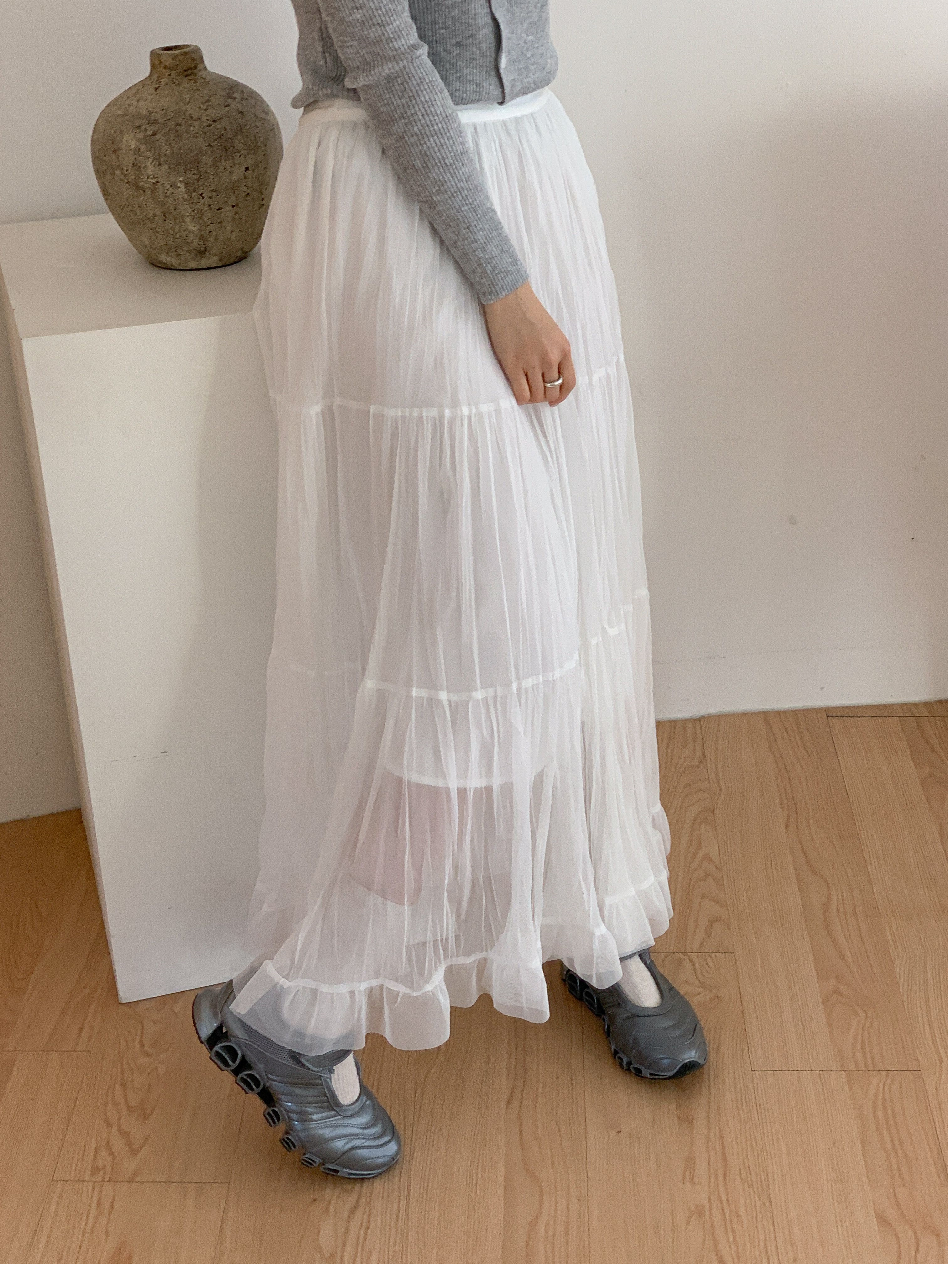 レースフリルリンクルティアードウエストゴムロング無地スカート | 詳細画像20