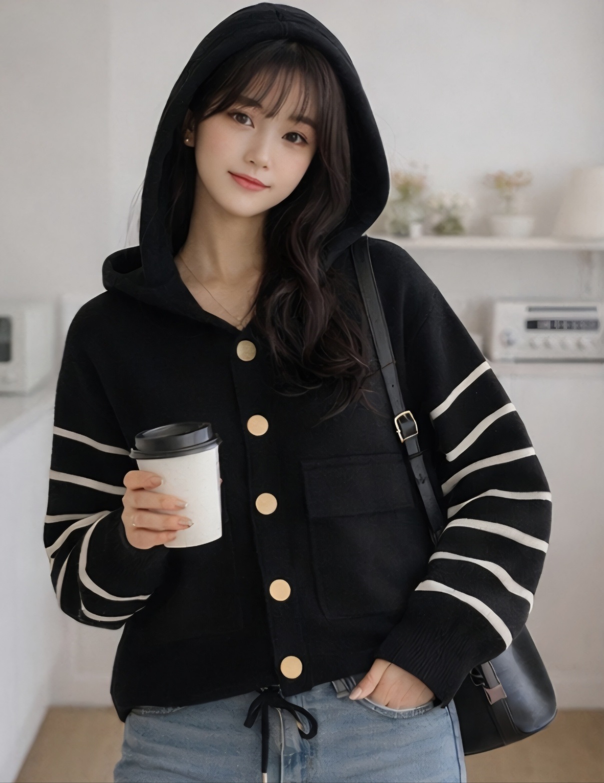 ナイロンフードドローコードルーズ長袖フラップポケットボーダー配色カーディガン | 詳細画像6