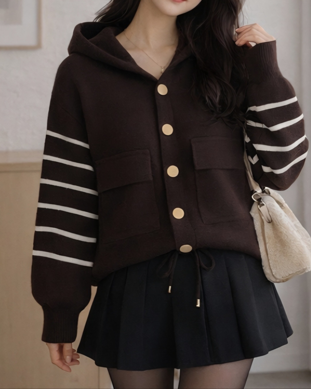 ナイロンフードドローコードルーズ長袖フラップポケットボーダー配色カーディガン | 詳細画像2