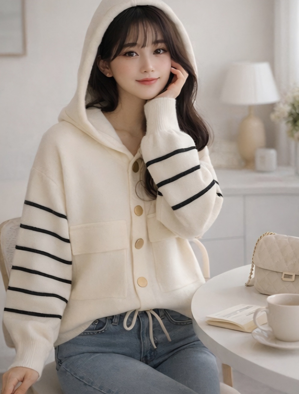 ナイロンフードドローコードルーズ長袖フラップポケットボーダー配色カーディガン | 詳細画像10