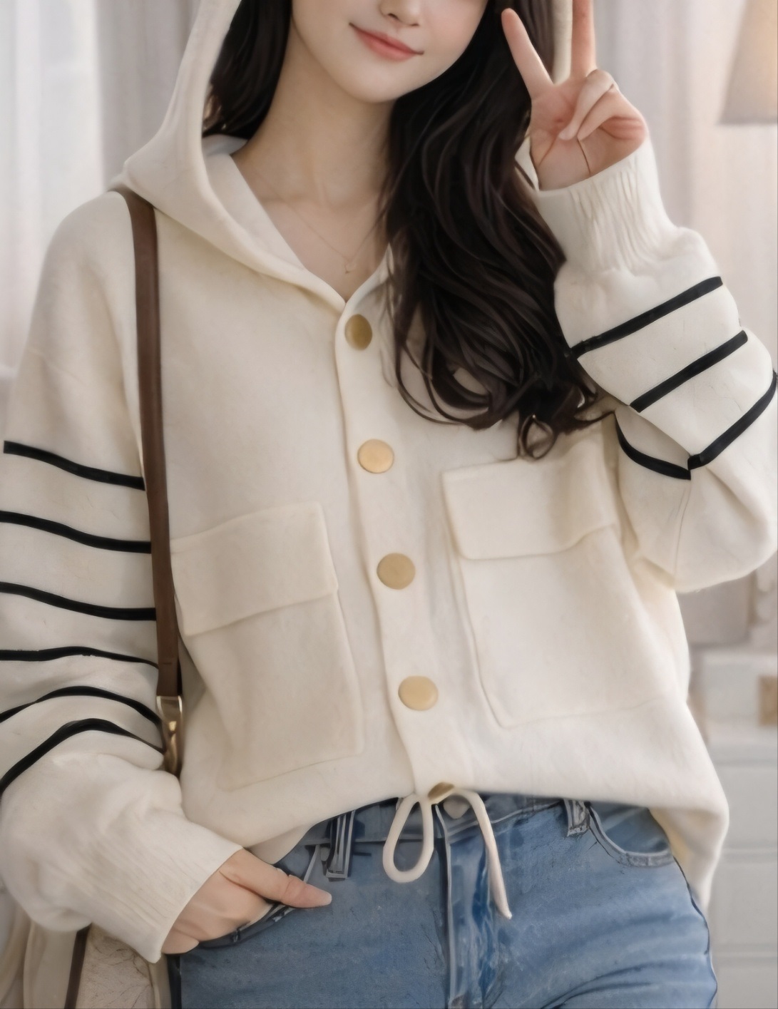 ナイロンフードドローコードルーズ長袖フラップポケットボーダー配色カーディガン | 詳細画像11