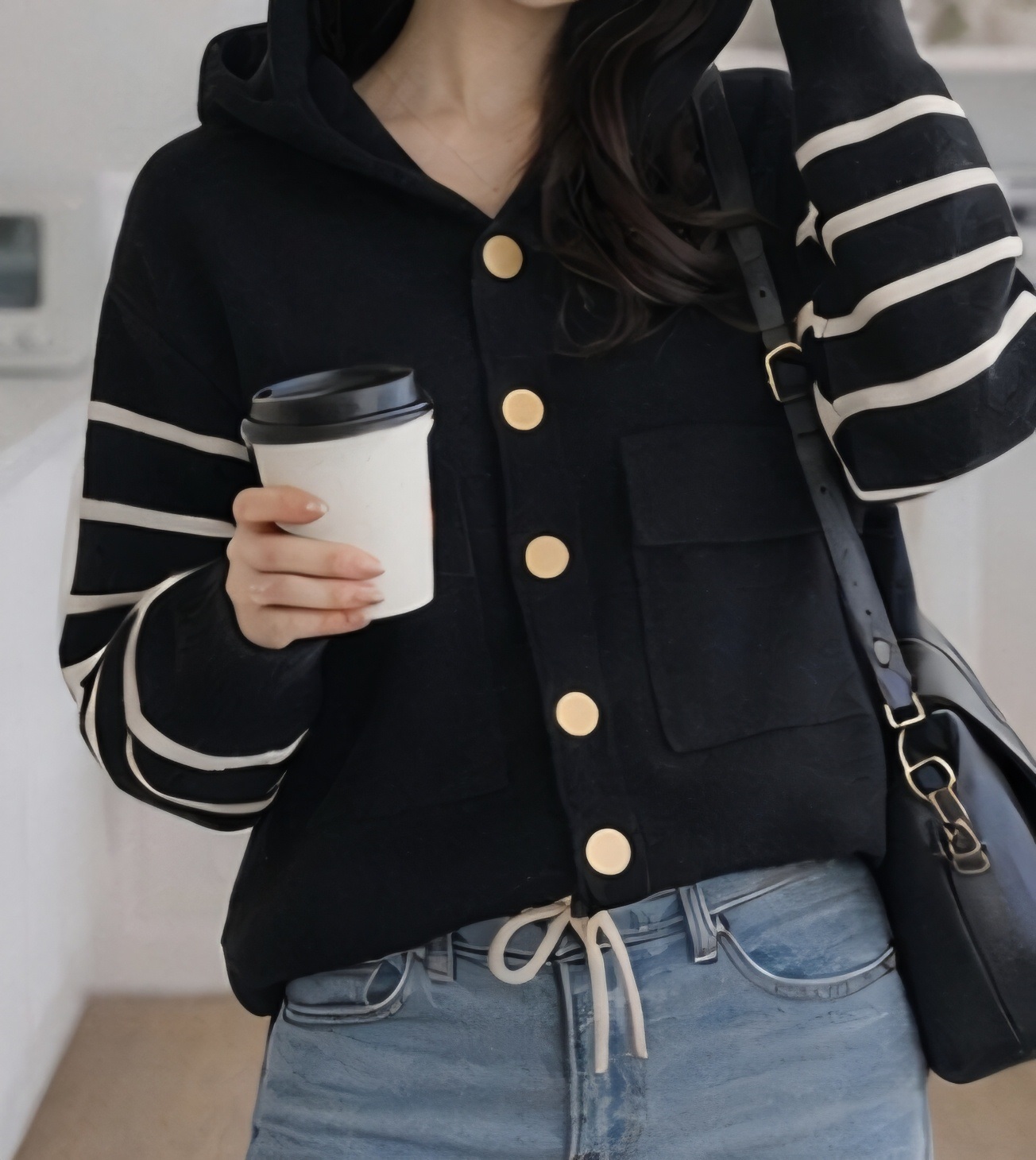 ナイロンフードドローコードルーズ長袖フラップポケットボーダー配色カーディガン | 詳細画像8