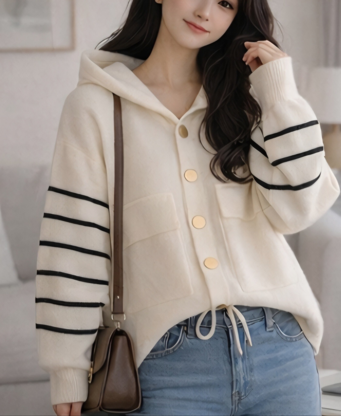 ナイロンフードドローコードルーズ長袖フラップポケットボーダー配色カーディガン | 詳細画像12