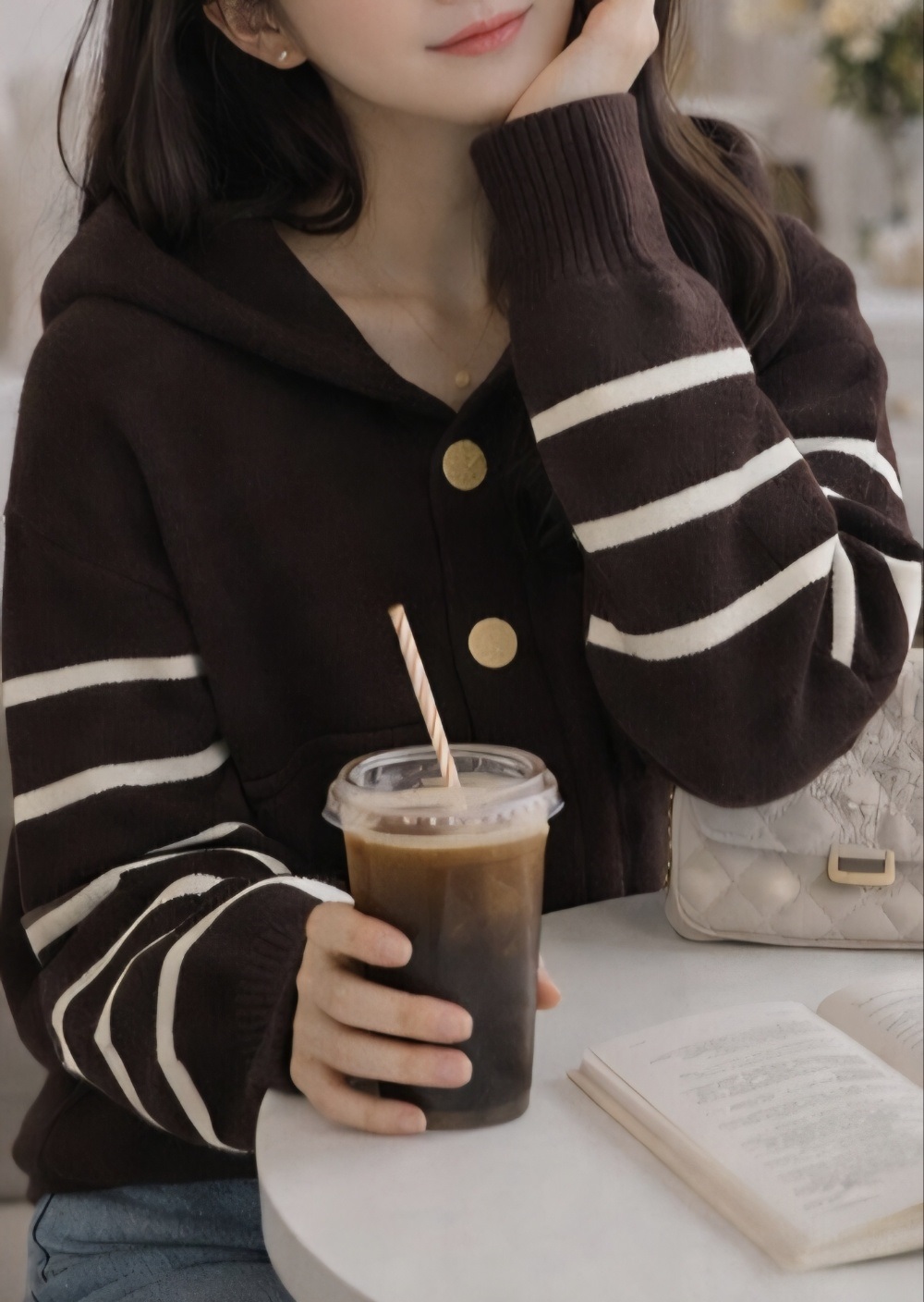 ナイロンフードドローコードルーズ長袖フラップポケットボーダー配色カーディガン | 詳細画像5