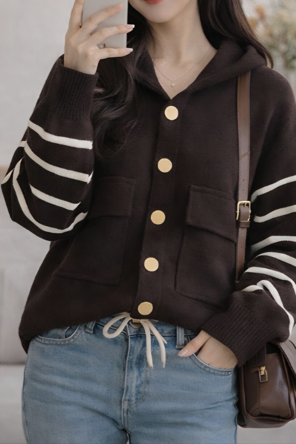 ナイロンフードドローコードルーズ長袖フラップポケットボーダー配色カーディガン | 詳細画像3