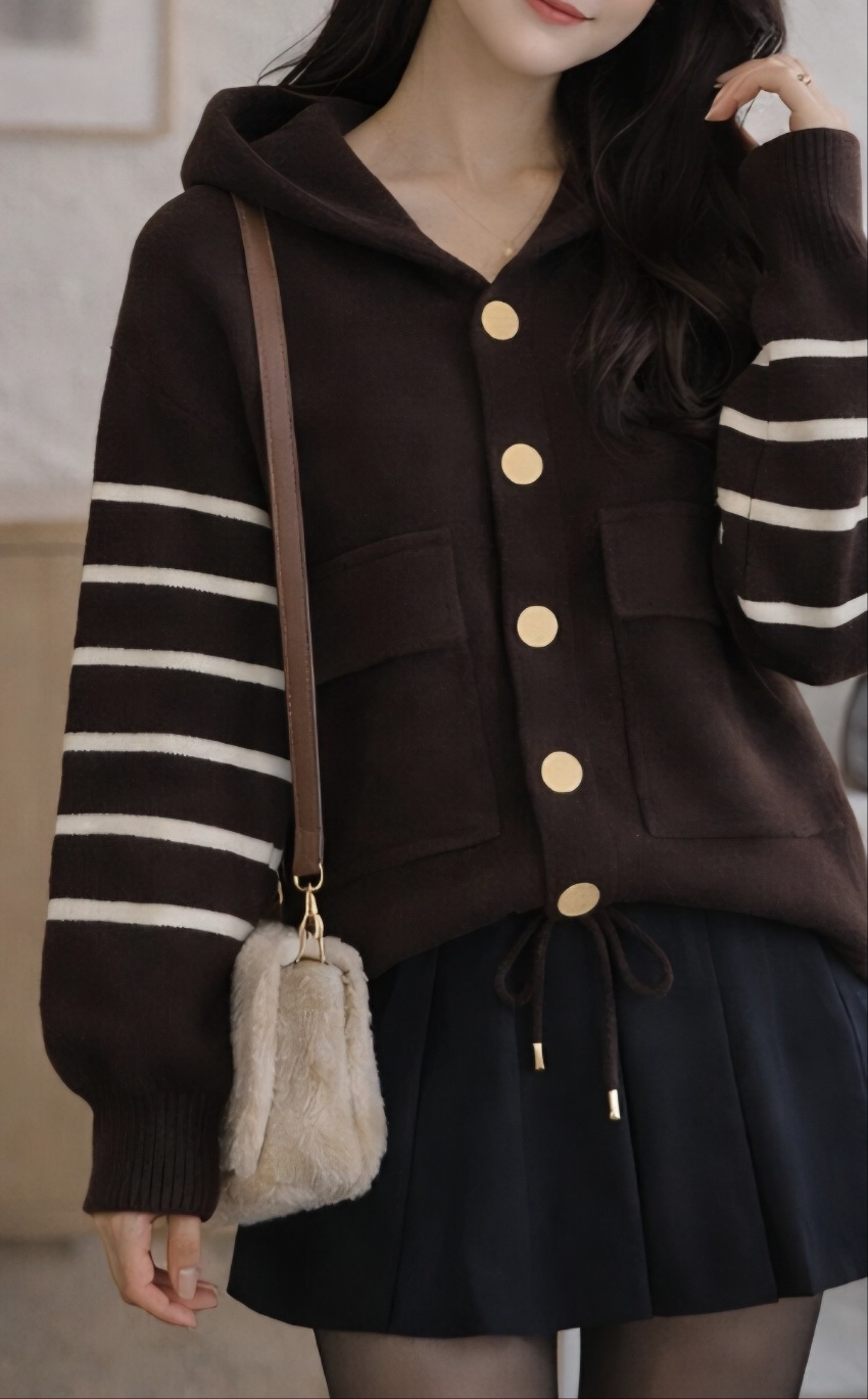 ナイロンフードドローコードルーズ長袖フラップポケットボーダー配色カーディガン | 詳細画像4