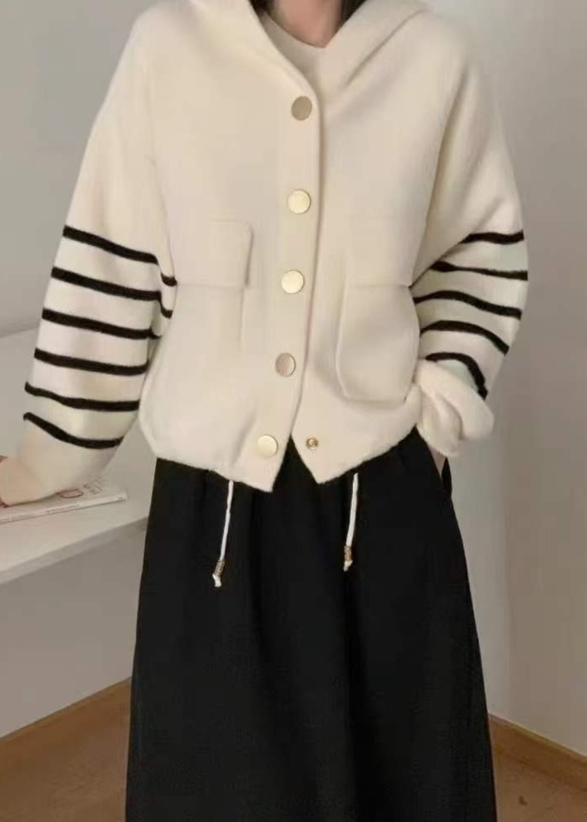 ナイロンフードドローコードルーズ長袖フラップポケットボーダー配色カーディガン | 詳細画像13
