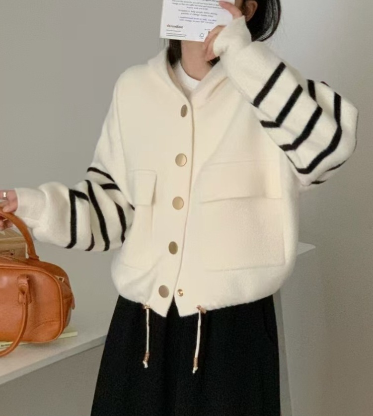 ナイロンフードドローコードルーズ長袖フラップポケットボーダー配色カーディガン | 詳細画像14