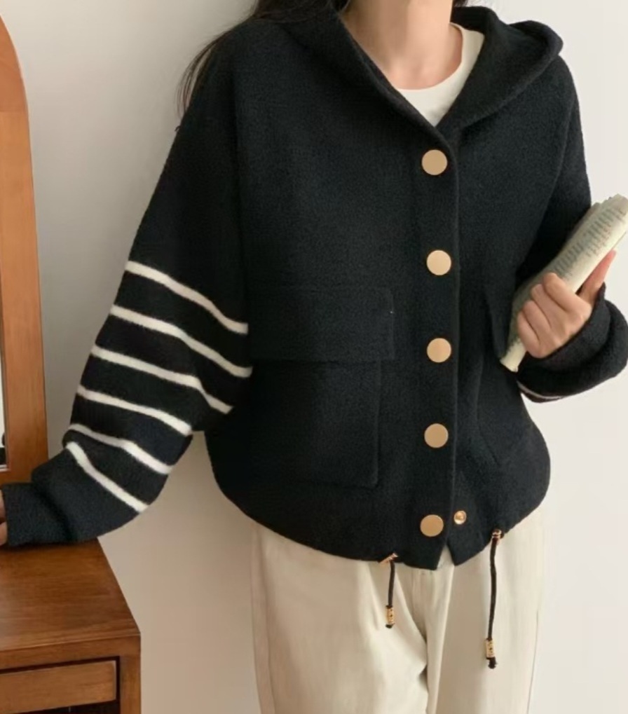 ナイロンフードドローコードルーズ長袖フラップポケットボーダー配色カーディガン | 詳細画像9