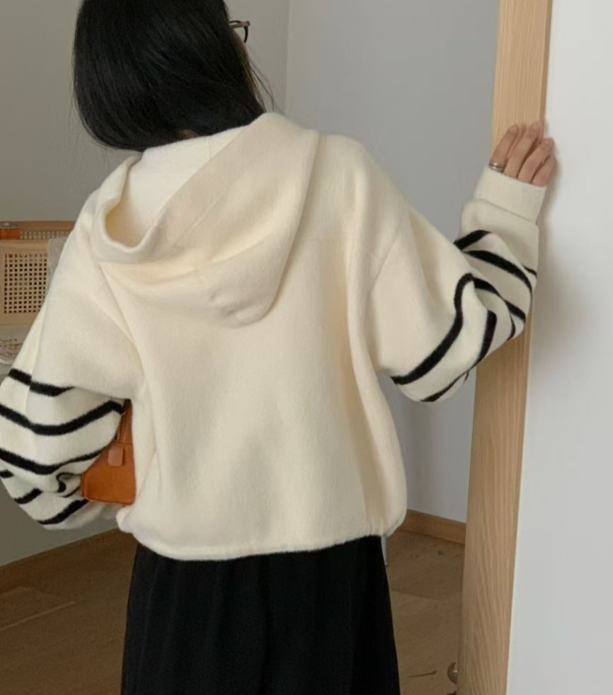 ナイロンフードドローコードルーズ長袖フラップポケットボーダー配色カーディガン | 詳細画像15