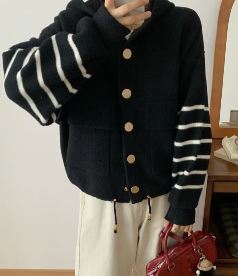 ナイロンフードドローコードルーズ長袖フラップポケットボーダー配色カーディガン | 詳細画像7