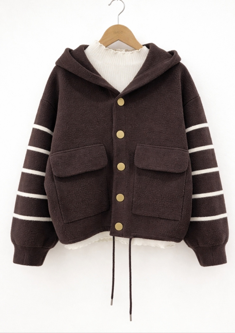 ナイロンフードドローコードルーズ長袖フラップポケットボーダー配色カーディガン | 詳細画像18