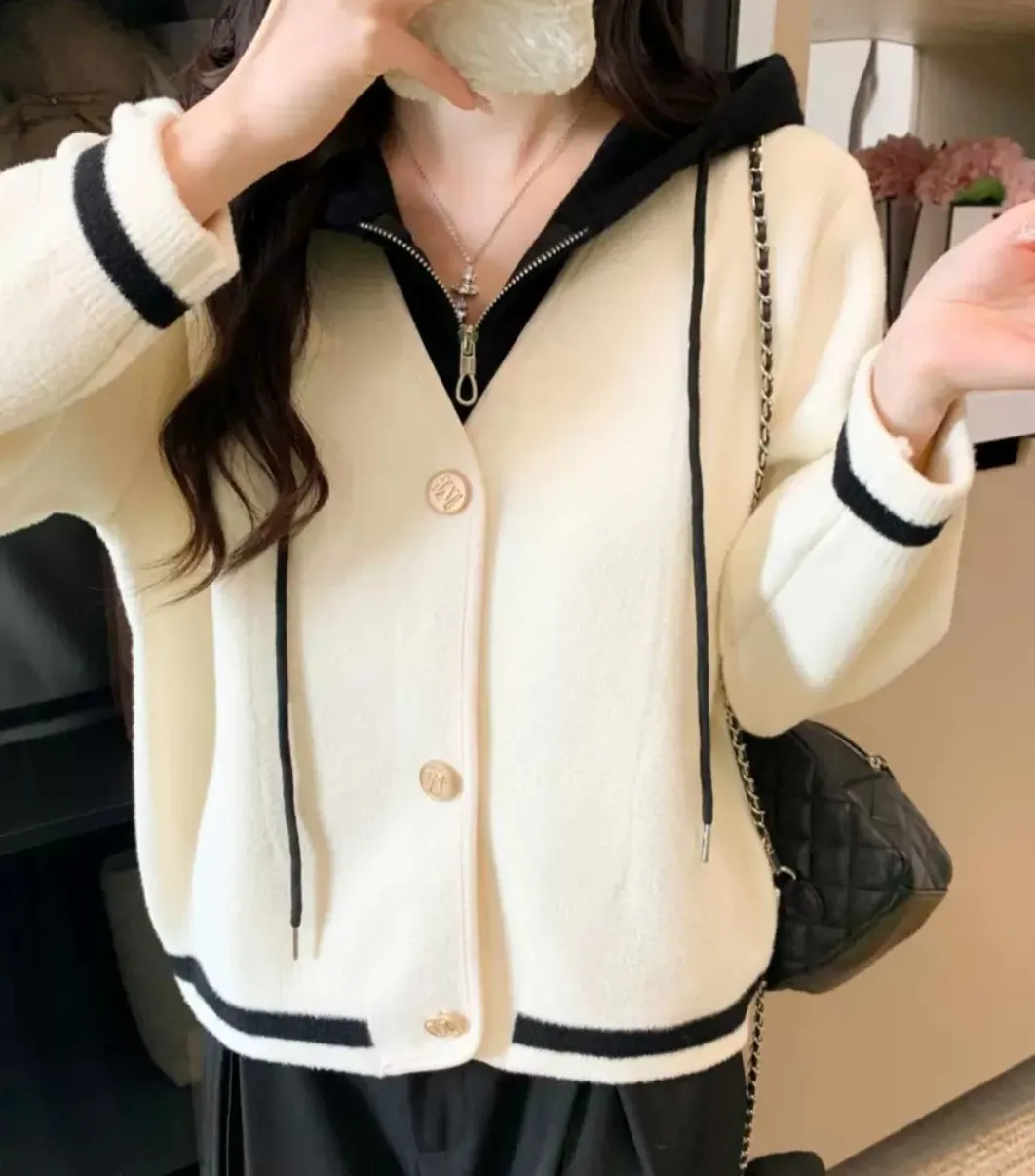 ナイロンジップアップフードドローストリングポケットレイヤード風ルーズ配色ラインカーディガン | 詳細画像1