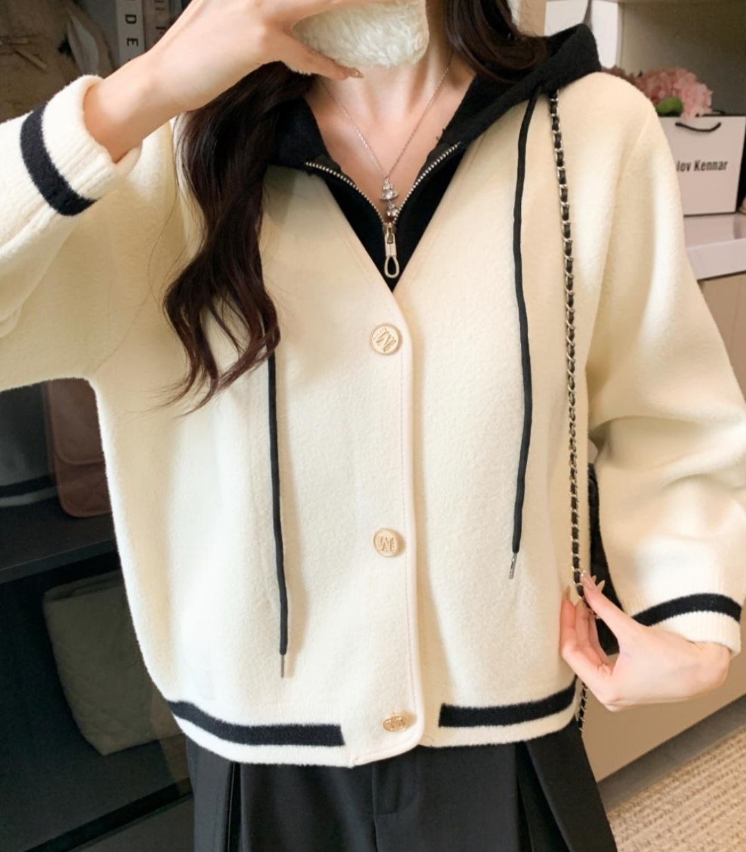 ナイロンジップアップフードドローストリングポケットレイヤード風ルーズ配色ラインカーディガン | 詳細画像2