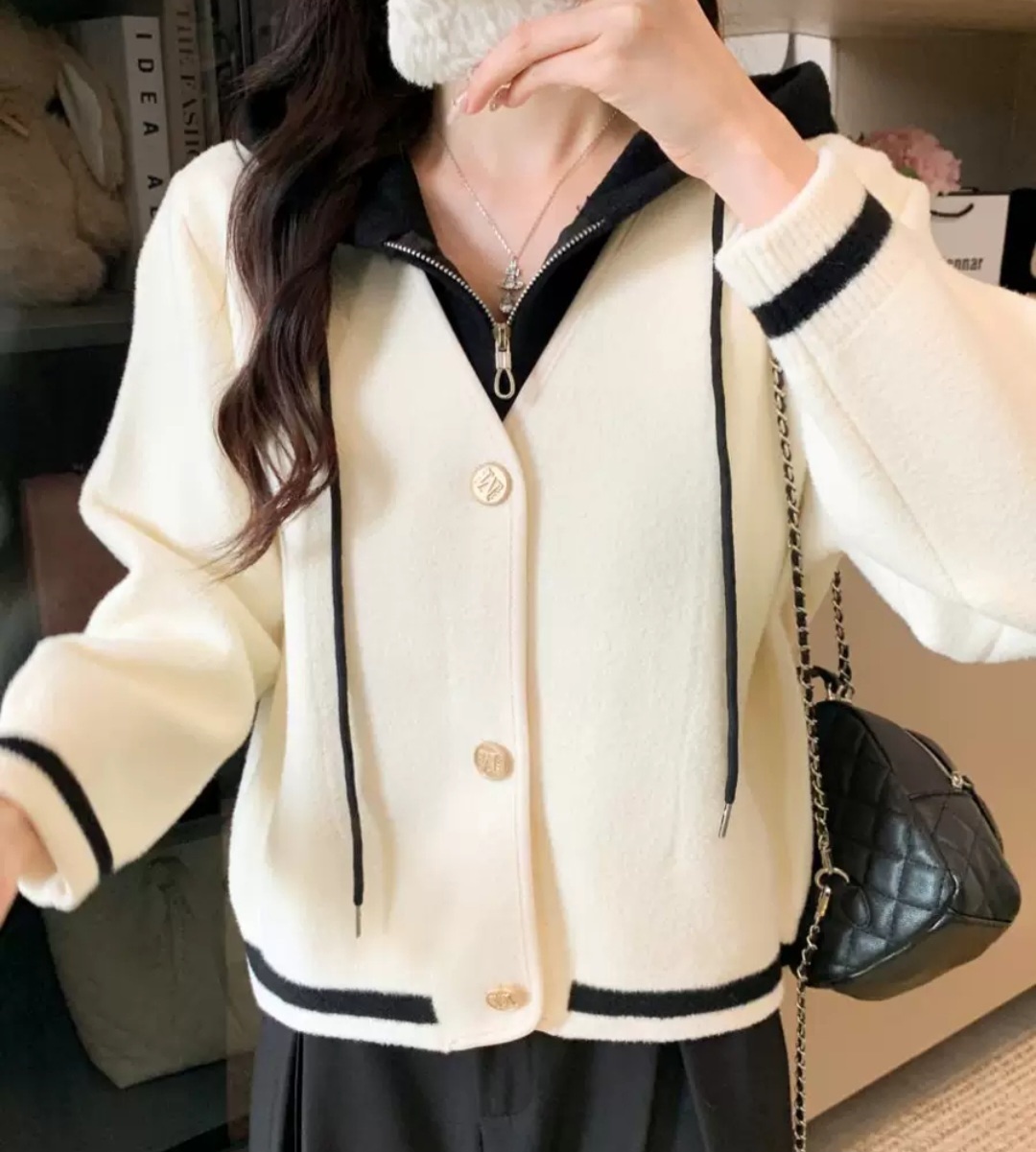 ナイロンジップアップフードドローストリングポケットレイヤード風ルーズ配色ラインカーディガン | 詳細画像4