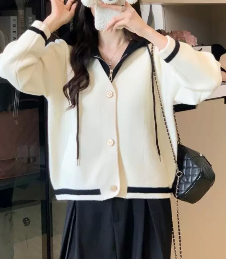 ナイロンジップアップフードドローストリングポケットレイヤード風ルーズ配色ラインカーディガン | 詳細画像6