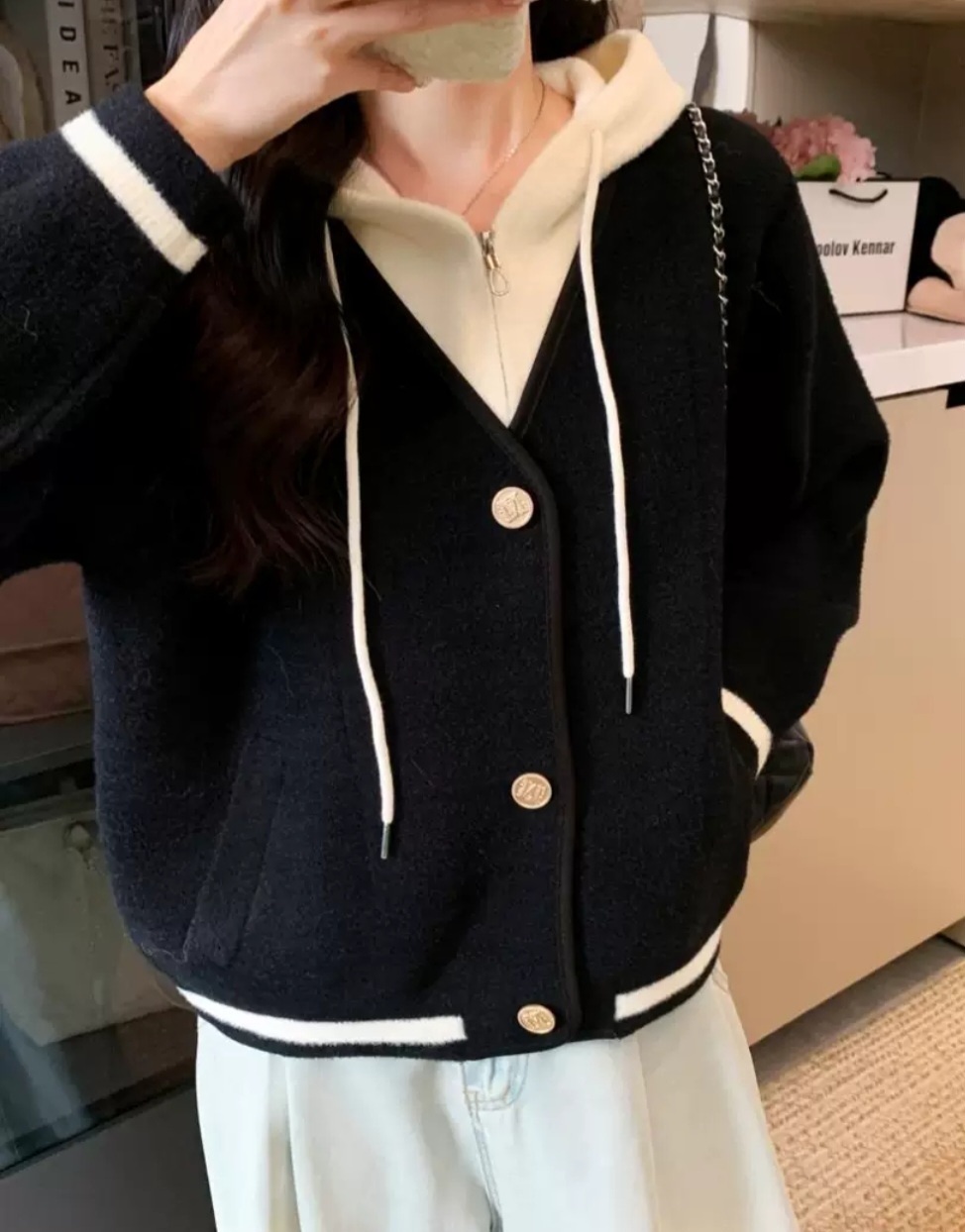 ナイロンジップアップフードドローストリングポケットレイヤード風ルーズ配色ラインカーディガン | 詳細画像8