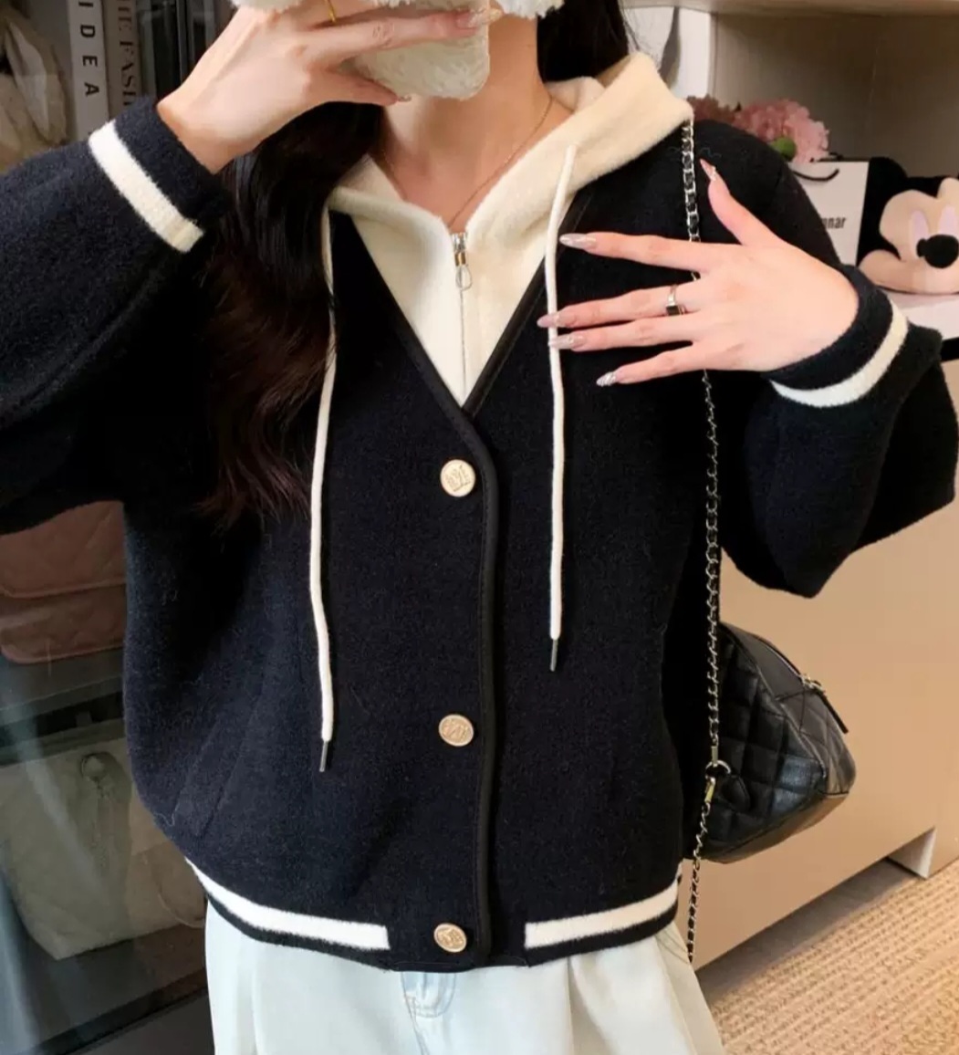 ナイロンジップアップフードドローストリングポケットレイヤード風ルーズ配色ラインカーディガン | 詳細画像9