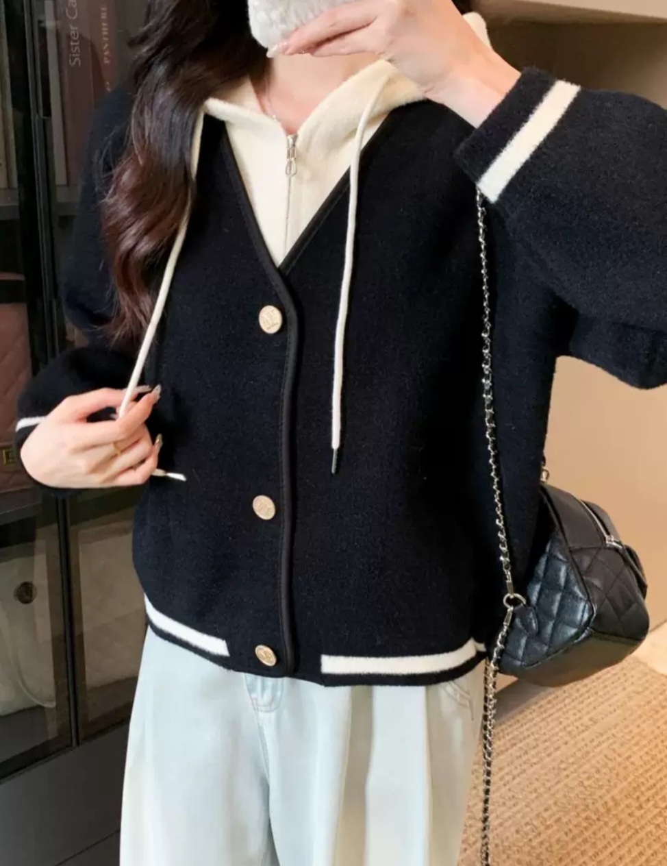 ナイロンジップアップフードドローストリングポケットレイヤード風ルーズ配色ラインカーディガン | 詳細画像10