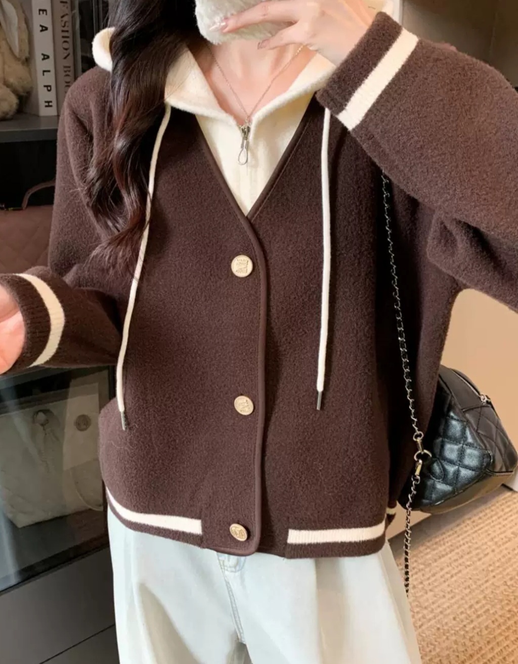 ナイロンジップアップフードドローストリングポケットレイヤード風ルーズ配色ラインカーディガン | 詳細画像11