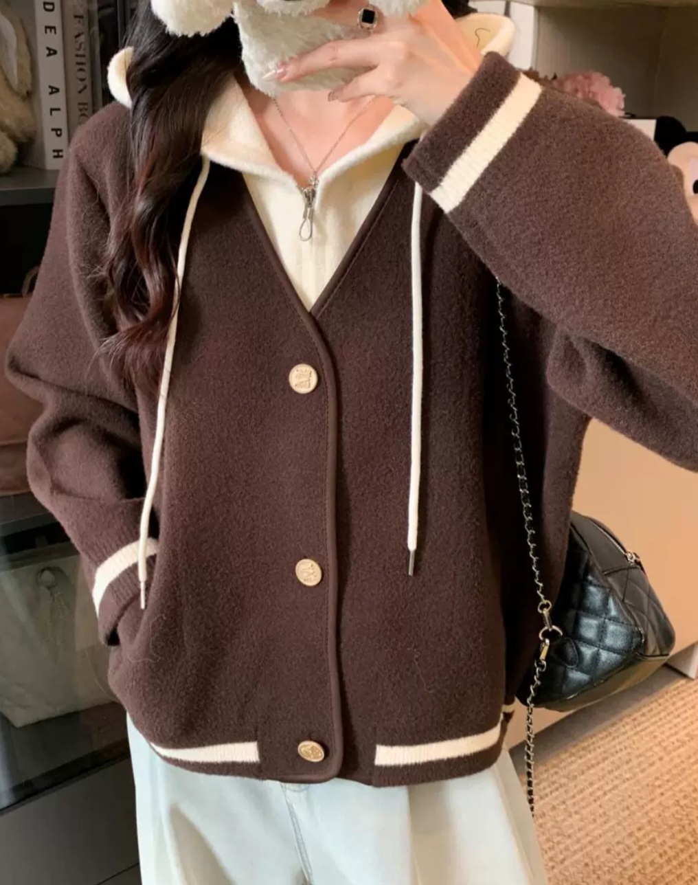 ナイロンジップアップフードドローストリングポケットレイヤード風ルーズ配色ラインカーディガン | 詳細画像12