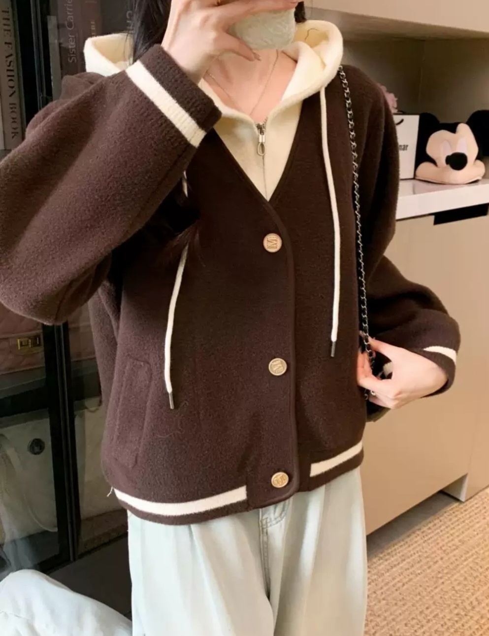 ナイロンジップアップフードドローストリングポケットレイヤード風ルーズ配色ラインカーディガン | 詳細画像14