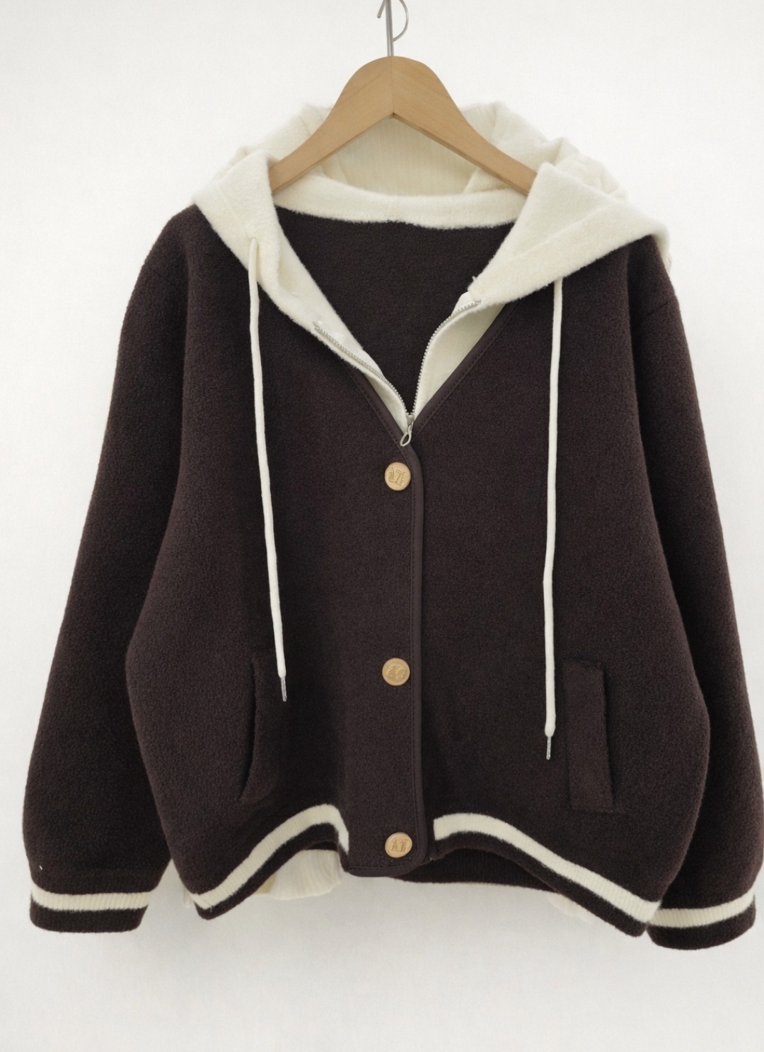 ナイロンジップアップフードドローストリングポケットレイヤード風ルーズ配色ラインカーディガン | 詳細画像15