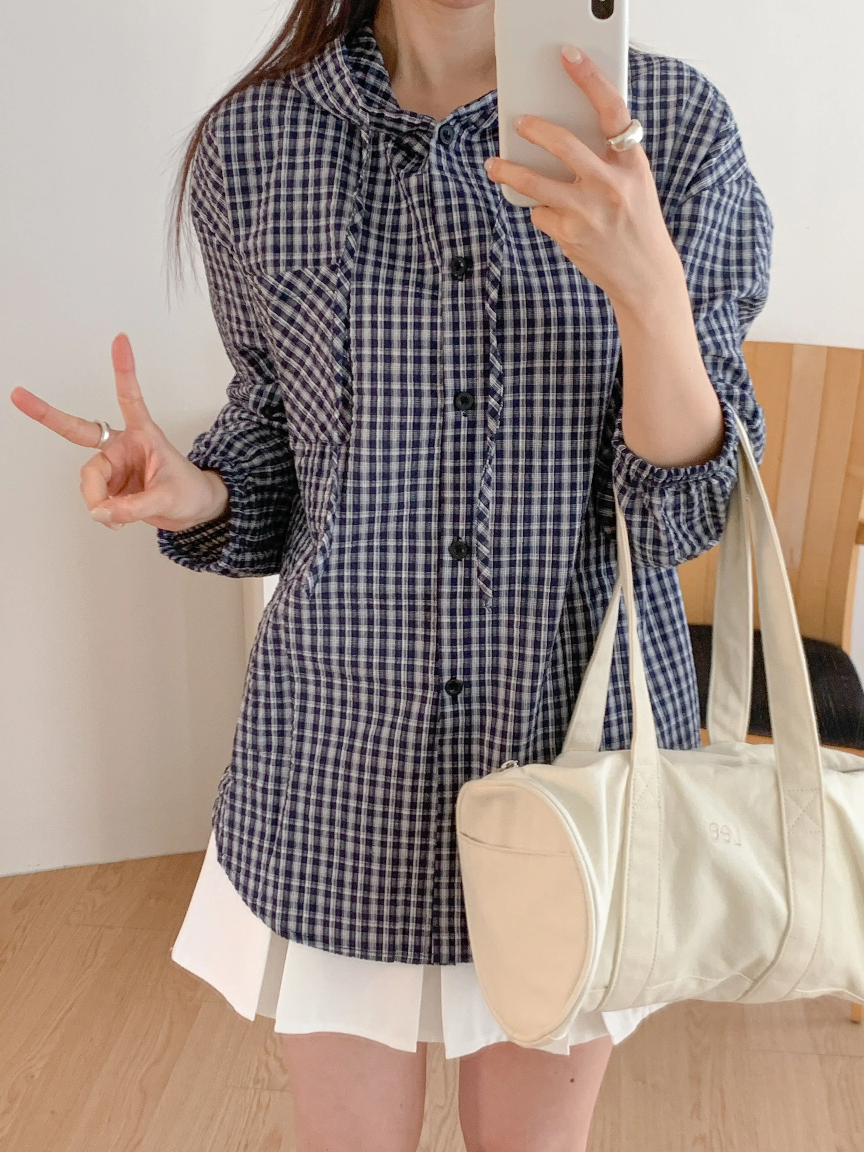 ボタンフードオーバーサイズアンバランス長袖ミディワンポケットチェックジャケット | 詳細画像1