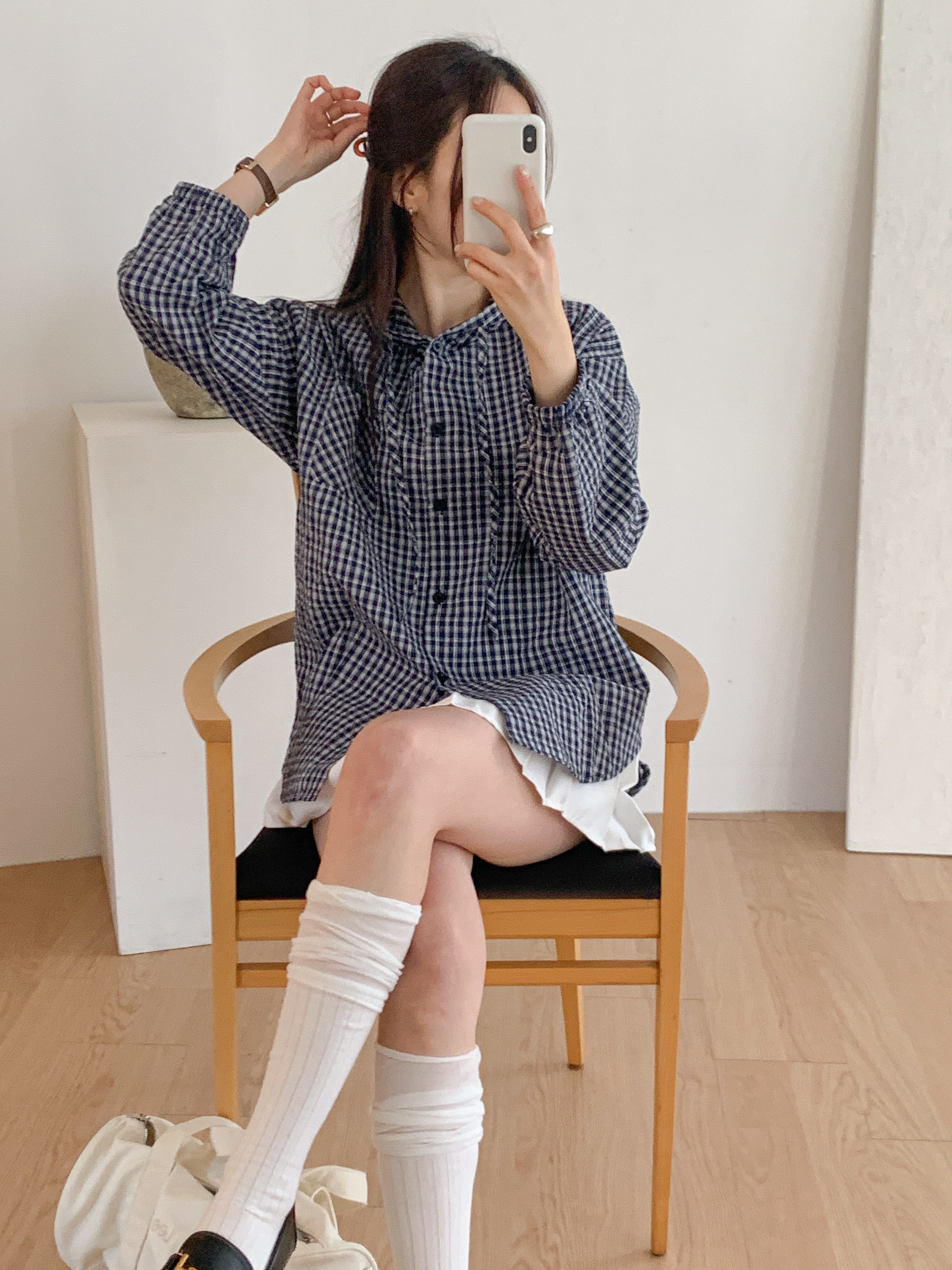 ボタンフードオーバーサイズアンバランス長袖ミディワンポケットチェックジャケット | 詳細画像4