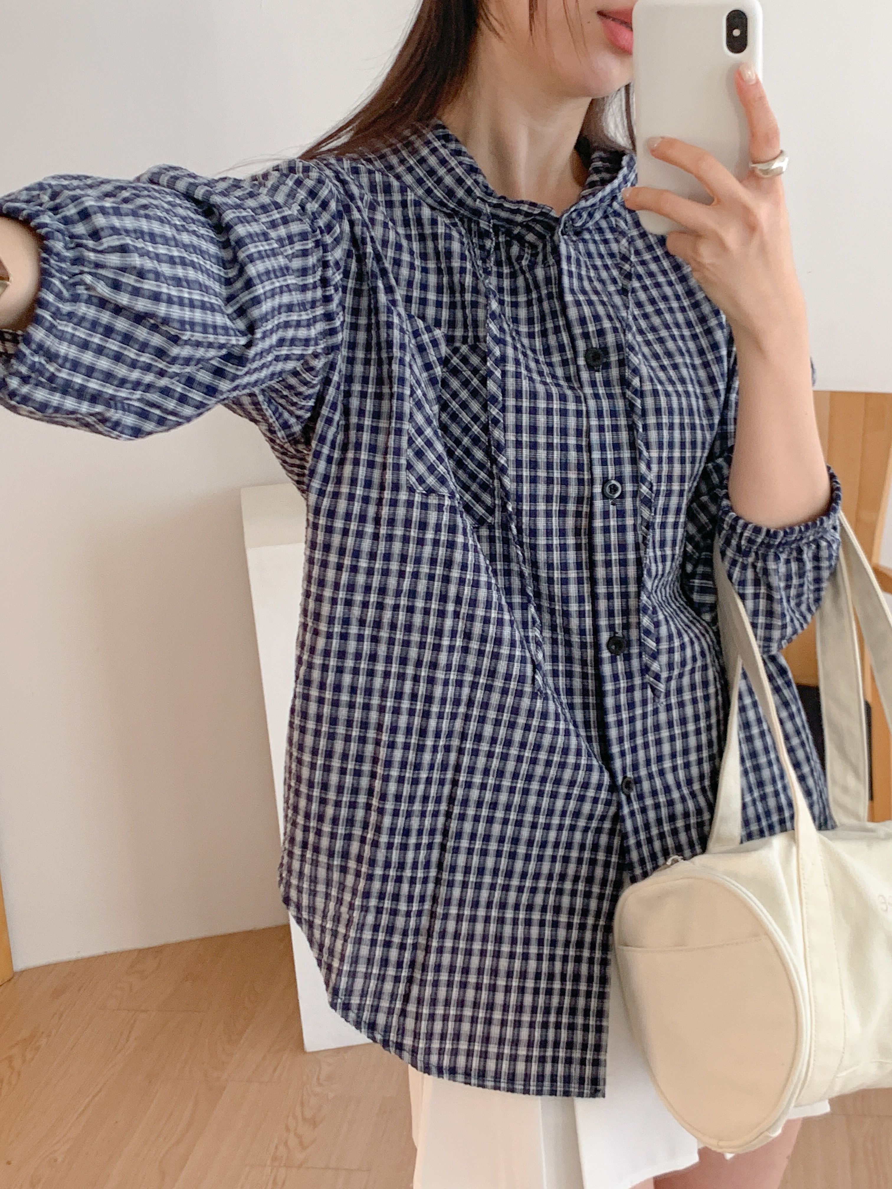 ボタンフードオーバーサイズアンバランス長袖ミディワンポケットチェックジャケット | 詳細画像6