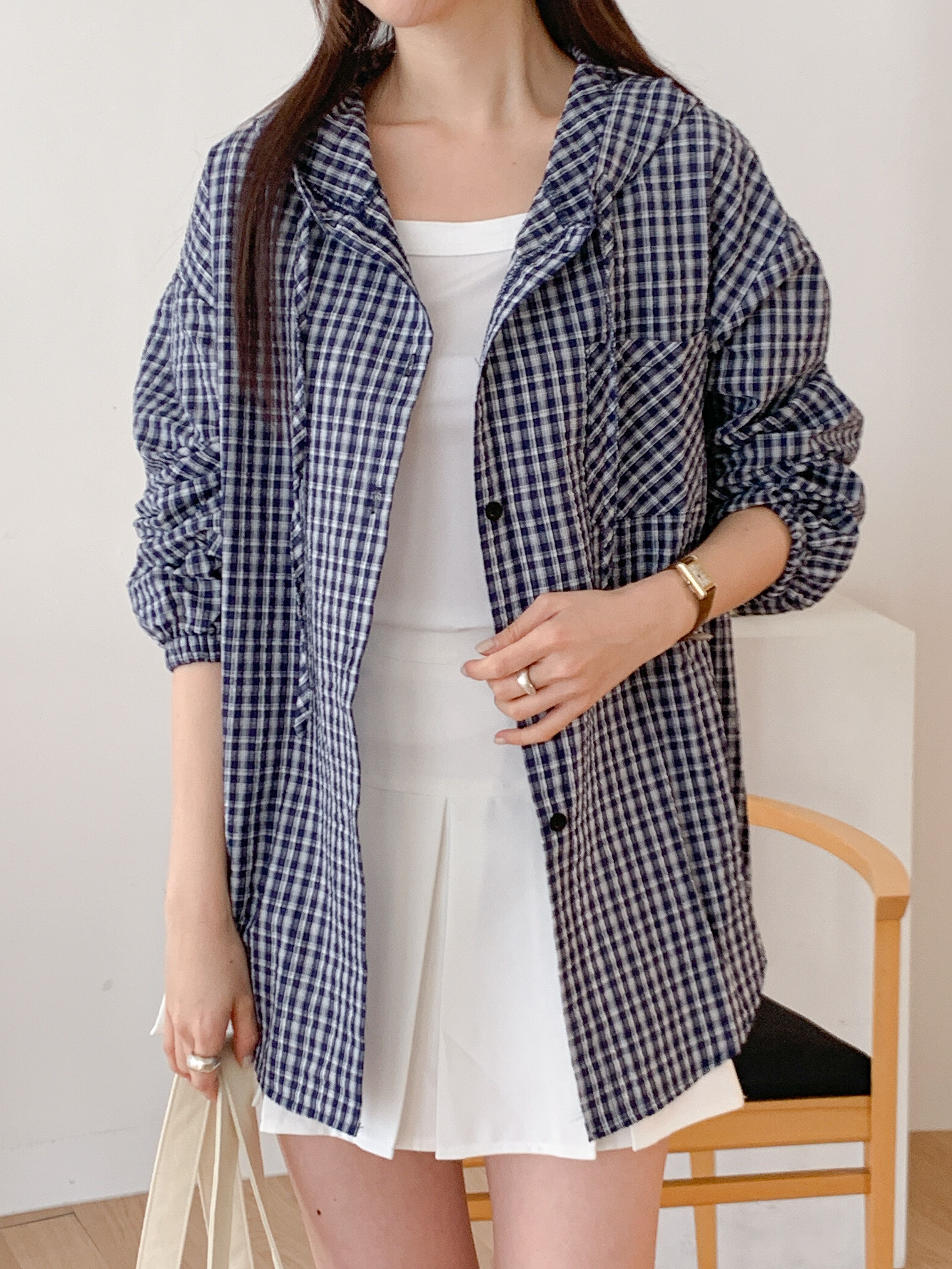 ボタンフードオーバーサイズアンバランス長袖ミディワンポケットチェックジャケット | 詳細画像7