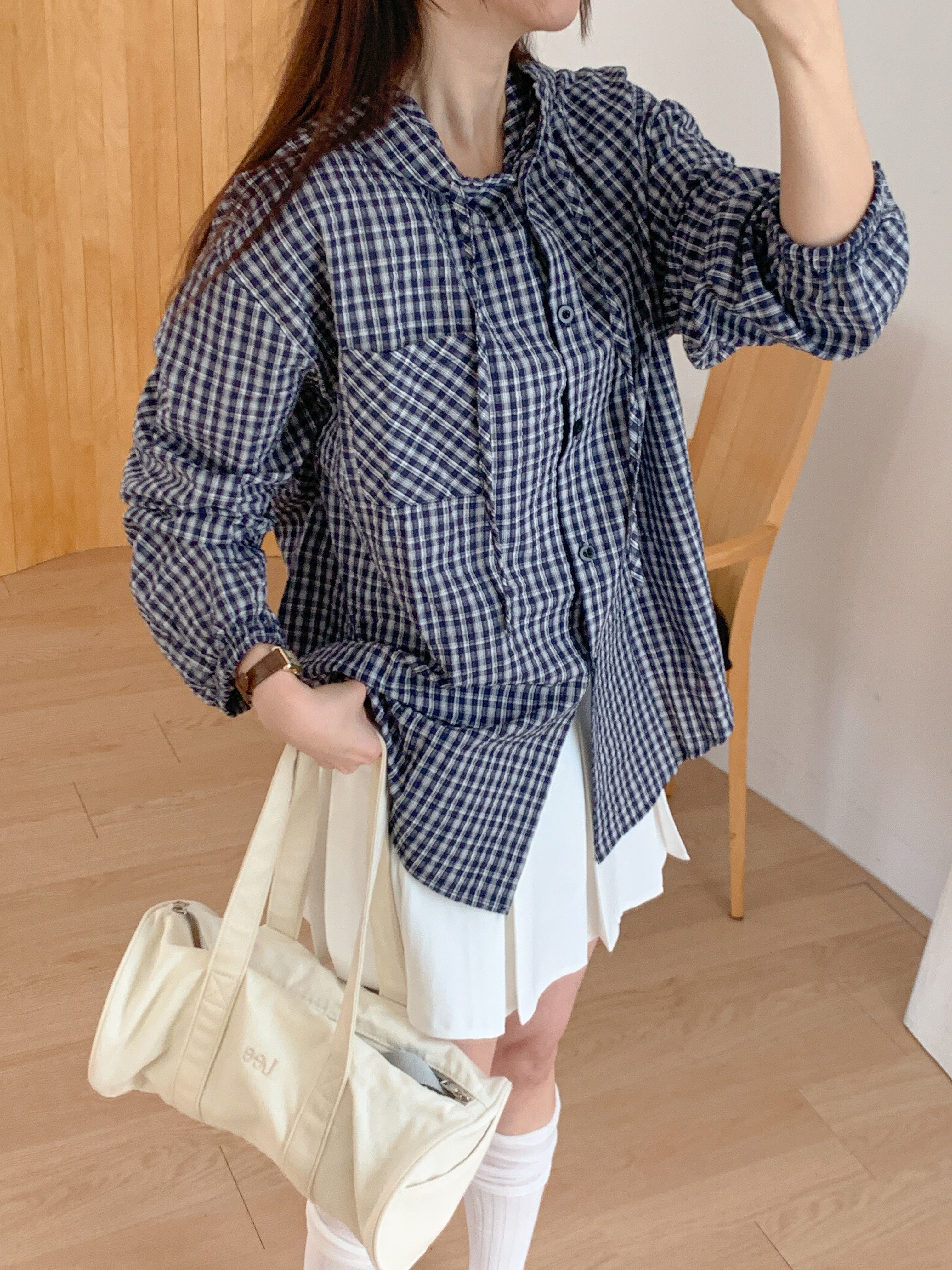 ボタンフードオーバーサイズアンバランス長袖ミディワンポケットチェックジャケット | 詳細画像10