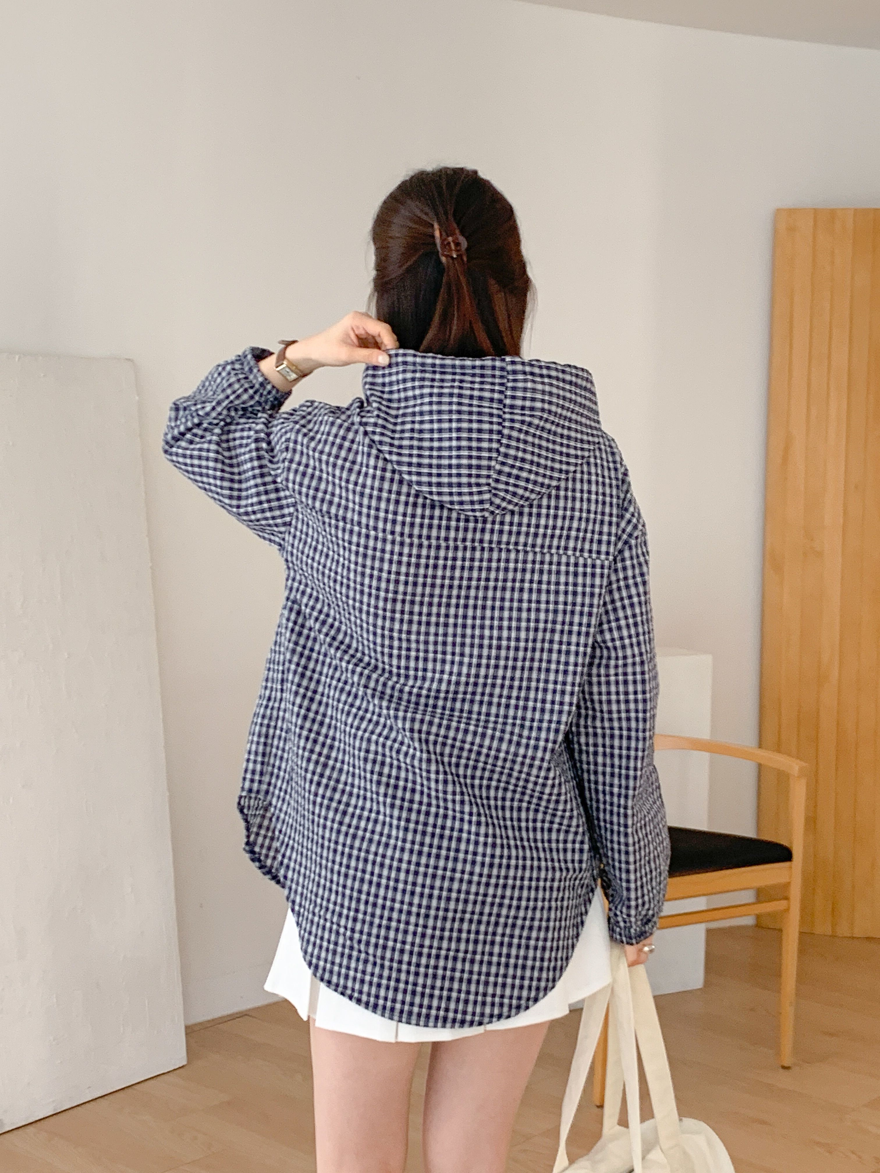 ボタンフードオーバーサイズアンバランス長袖ミディワンポケットチェックジャケット | 詳細画像12