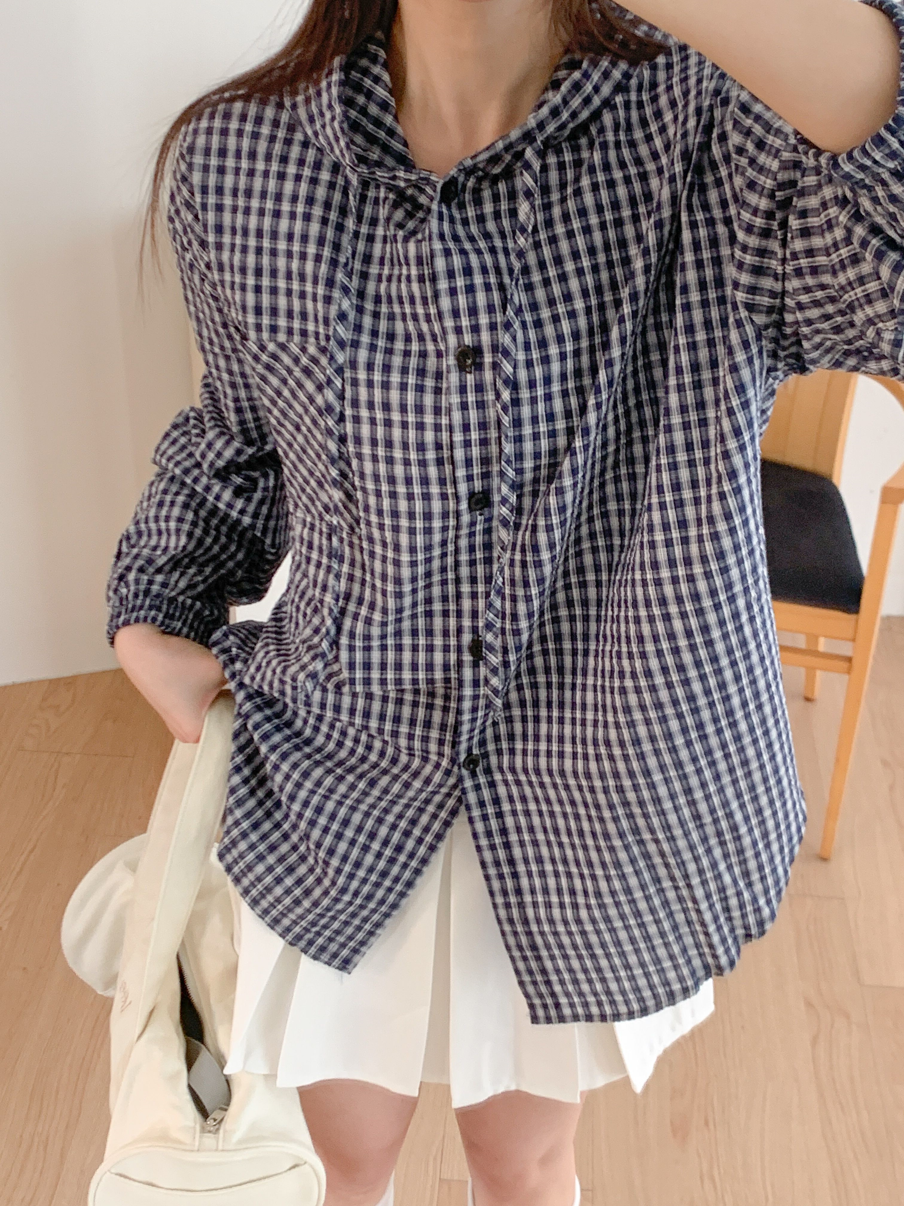 ボタンフードオーバーサイズアンバランス長袖ミディワンポケットチェックジャケット | 詳細画像14